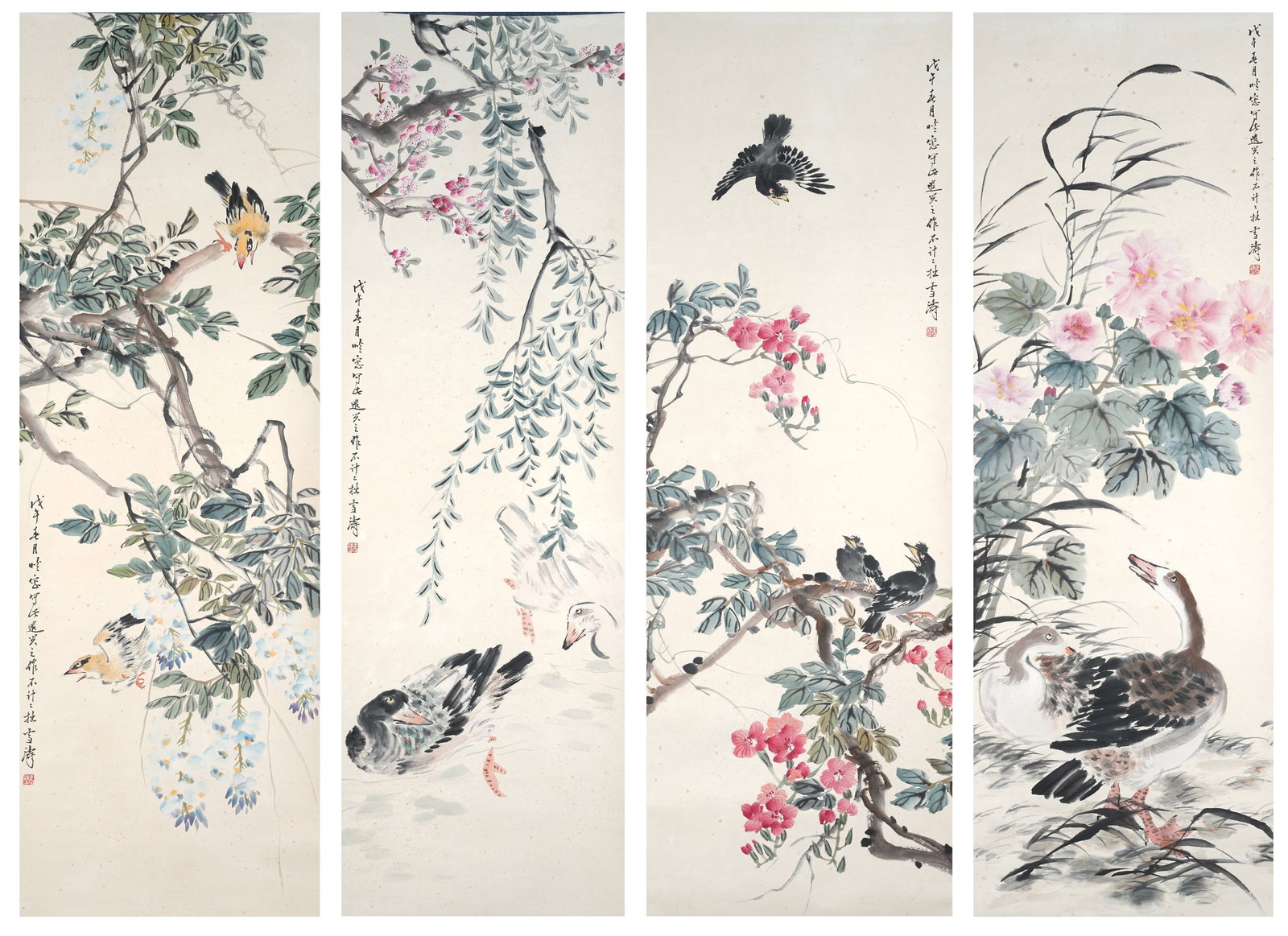 A FLOWER AND BIRD PAINTINGS ON PAPER BY WANG XUETAO (4 PIECES).王雪濤: Flower and Bird Paintings on Paper by Wang Xuetao (4 pieces).王雪濤