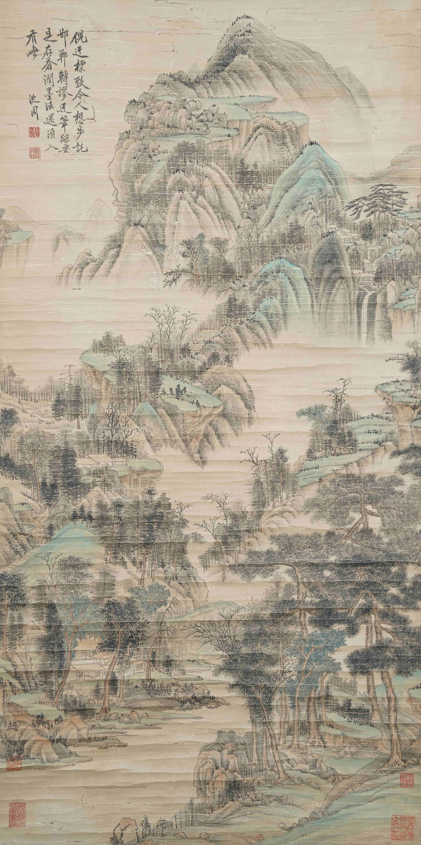 A LANDSCAPE PAINTING ON PAPER BY SHEN ZHOU.沈周: Landscape painting on paper by Shen Zhou.沈周