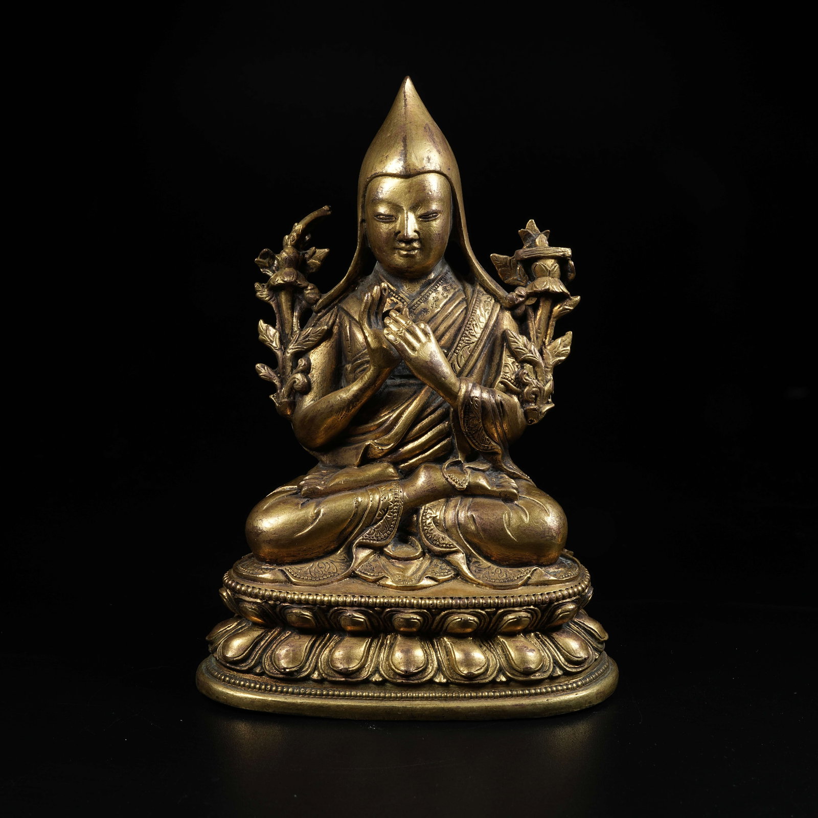 A GILT BRONZE STATUE OF TSONGKHAPA: Gilt Bronze Statue of Tsongkhapa