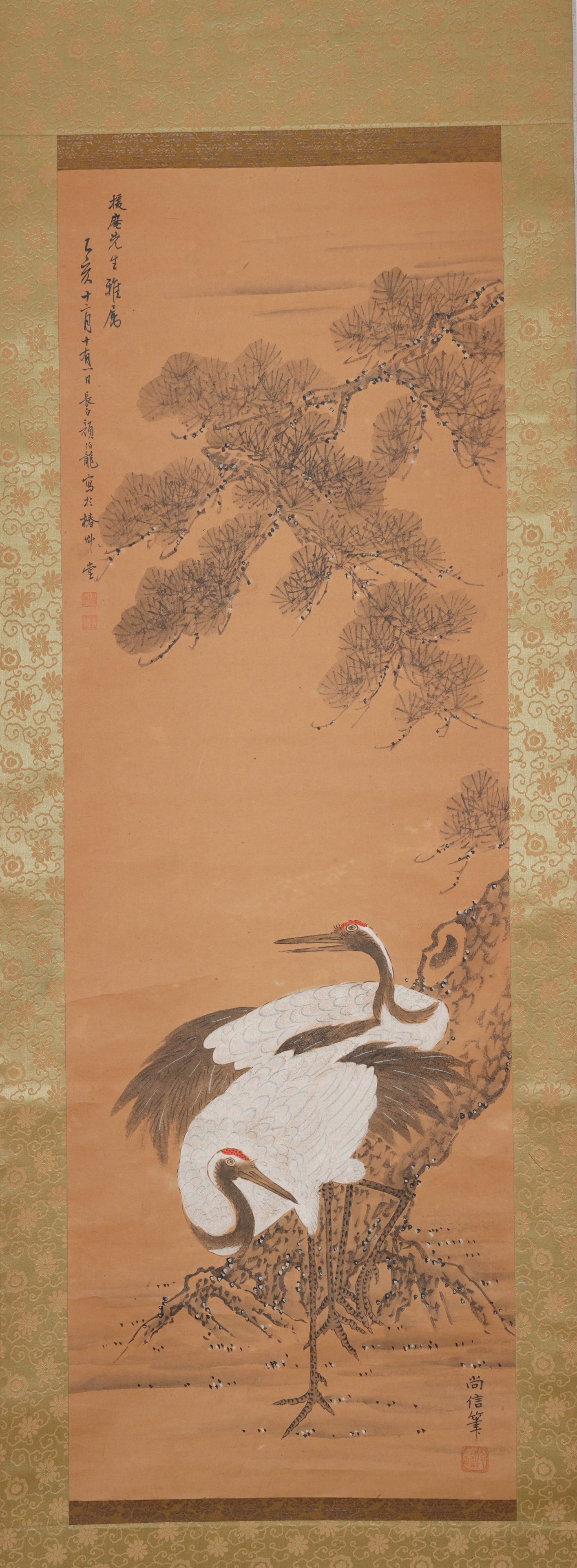 A PINE AND CRANE FOR LONGEVITY PAINTING ON SILK BY YAN BOLONG.顏伯龍: Pine and Crane for Longevity Painting on Silk by Yan Bolong.顏伯龍