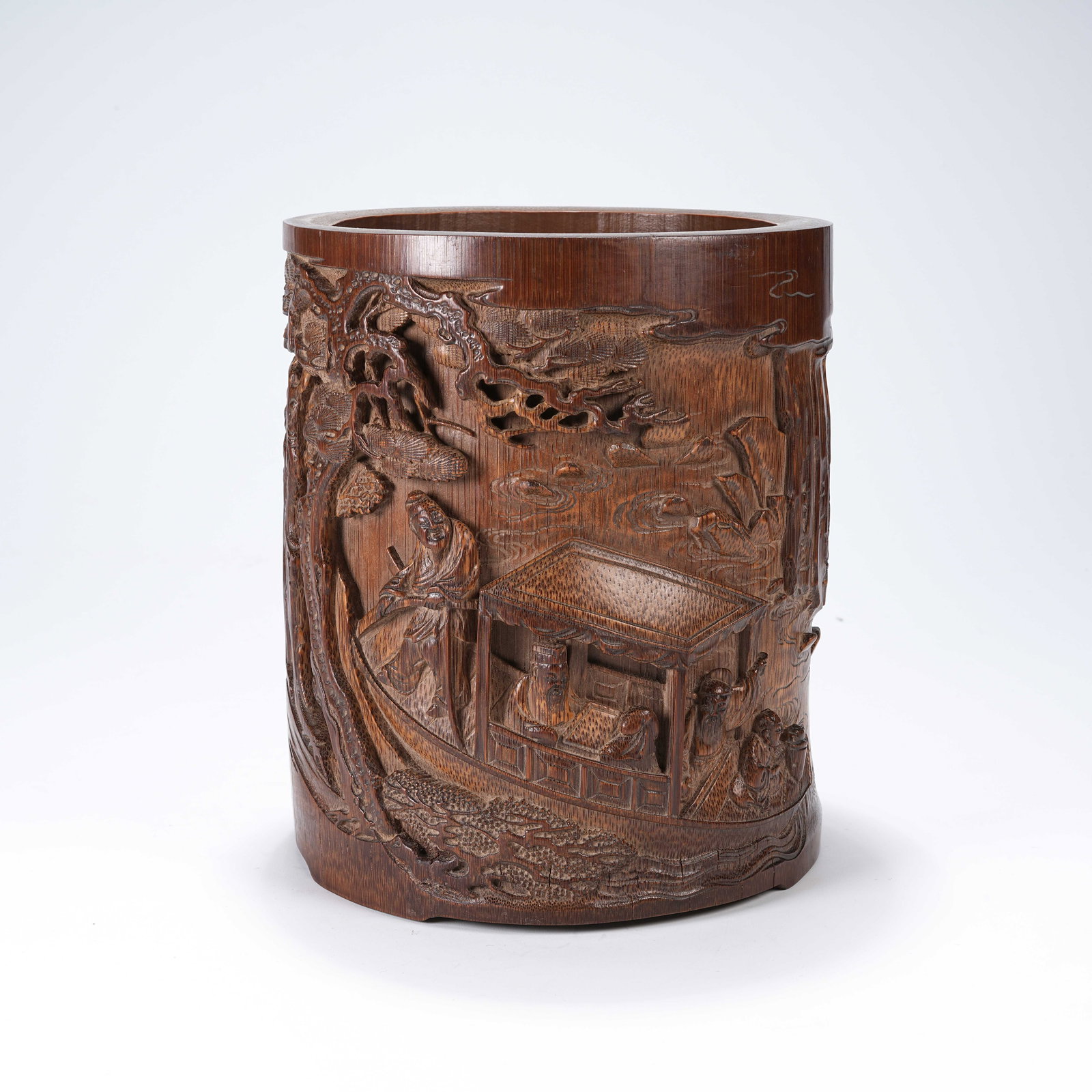 A BAMBOO ROOT CARVED ODE TO THE RED CLIFF BRUSH POT: Bamboo Root Carved Ode to the Red Cliff Brush Pot