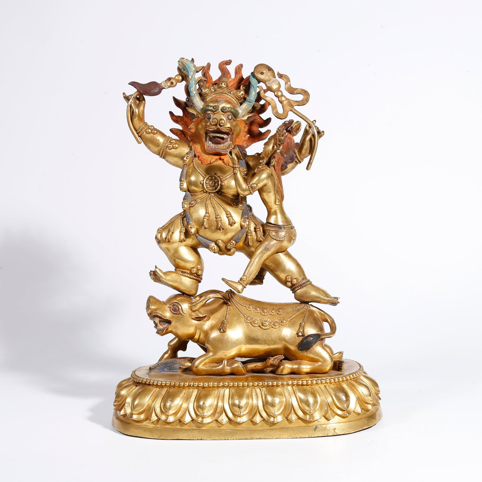 A GILT BRONZE STATUE OF YAMANTAKA: Gilt Bronze Statue of Yamantaka