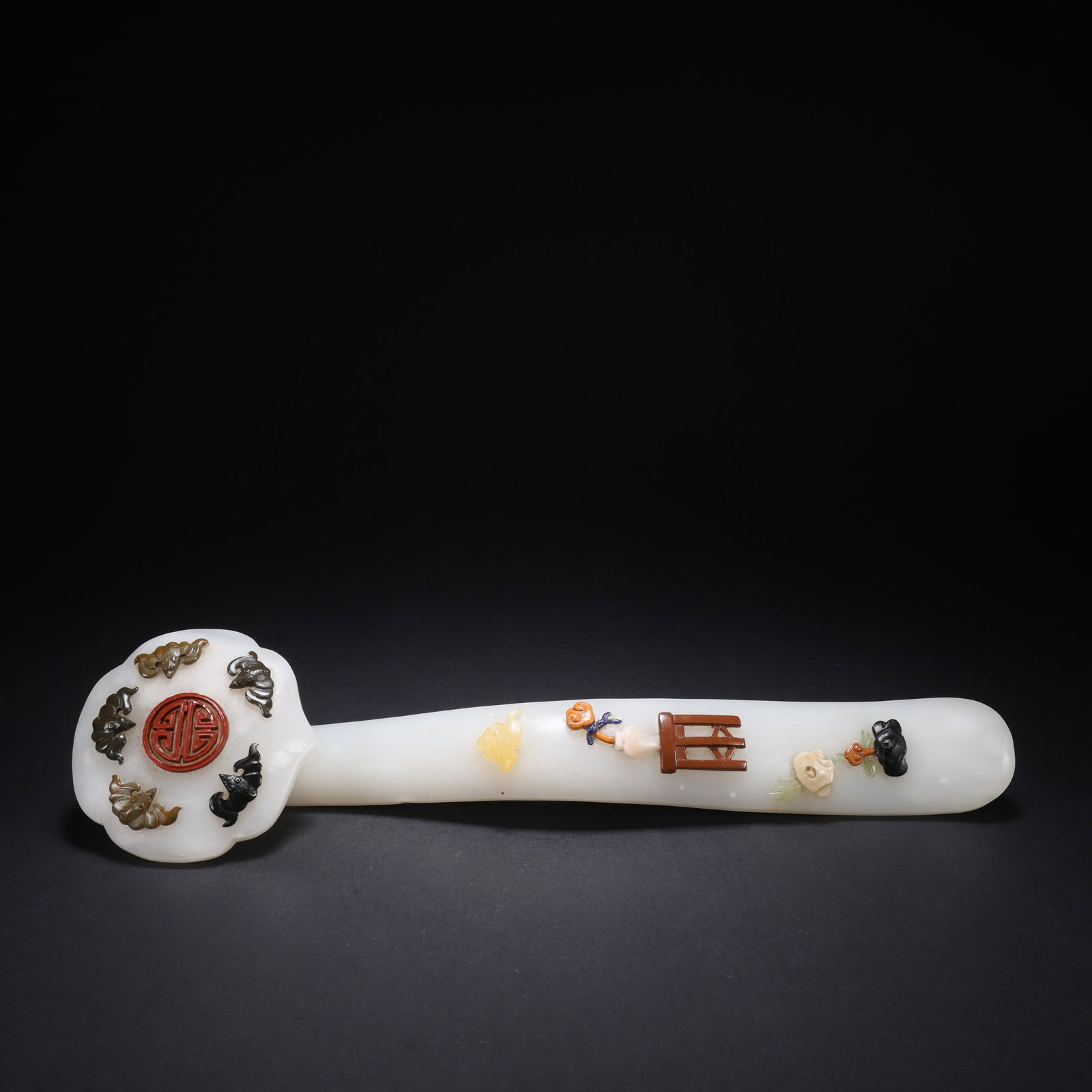 A HETIAN JADE GEM-INLAID FORTUNE-AND-LONGEVITY POETRY-INSCRIBED RUYI: Hetian Jade Gem-Inlaid Fortune-and-Longevity Poetry-Inscribed Ruyi