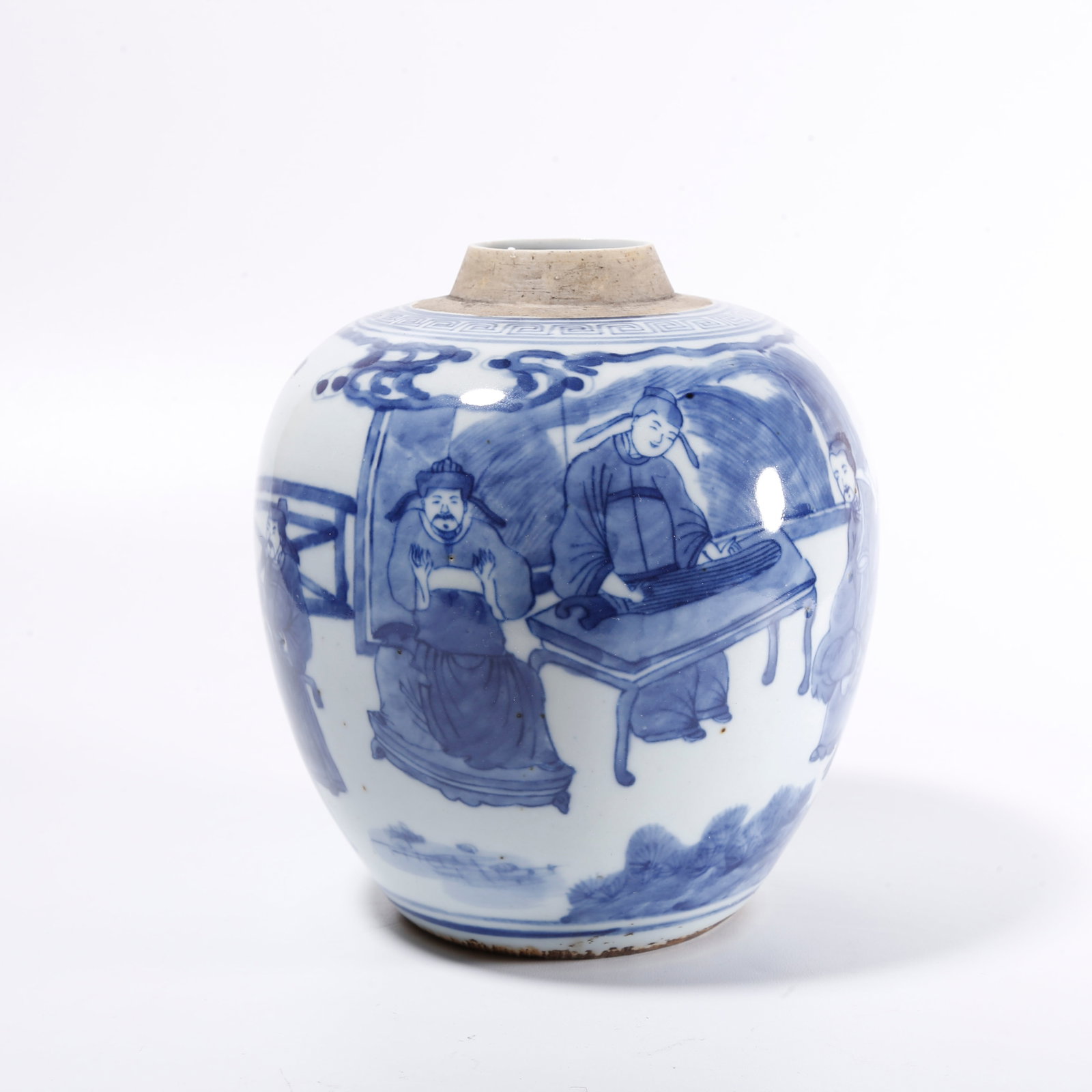 A BLUE AND WHITE JAR WITH FIGURE STORY PATTERN: Blue and White Jar with Figure Story Pattern