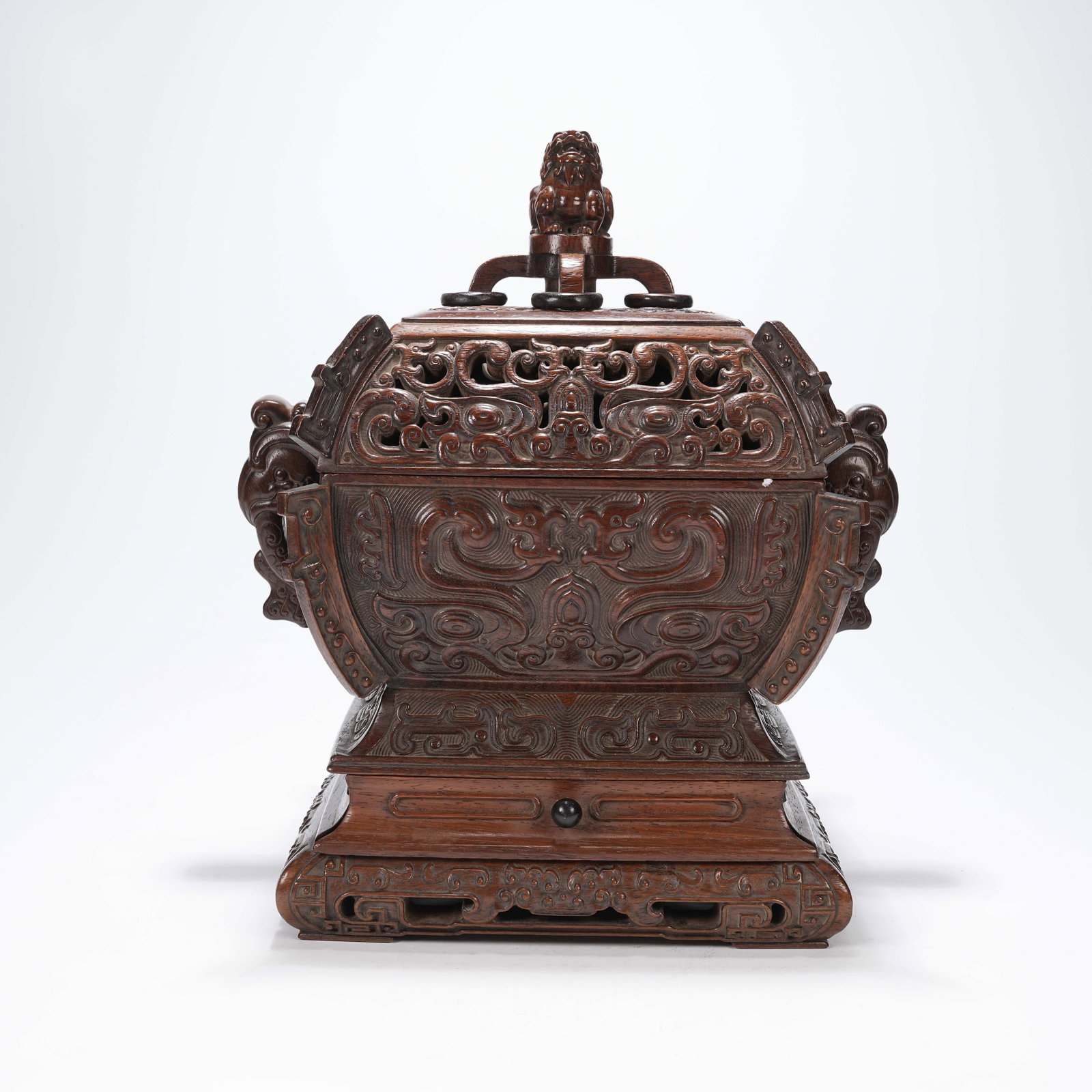 A HUANGHUALI WOOD INCENSE BURNER WITH PHOENIX EARS AND MOVABLE RINGS: Huanghuali Wood Incense Burner with Phoenix Ears and Movable Rings