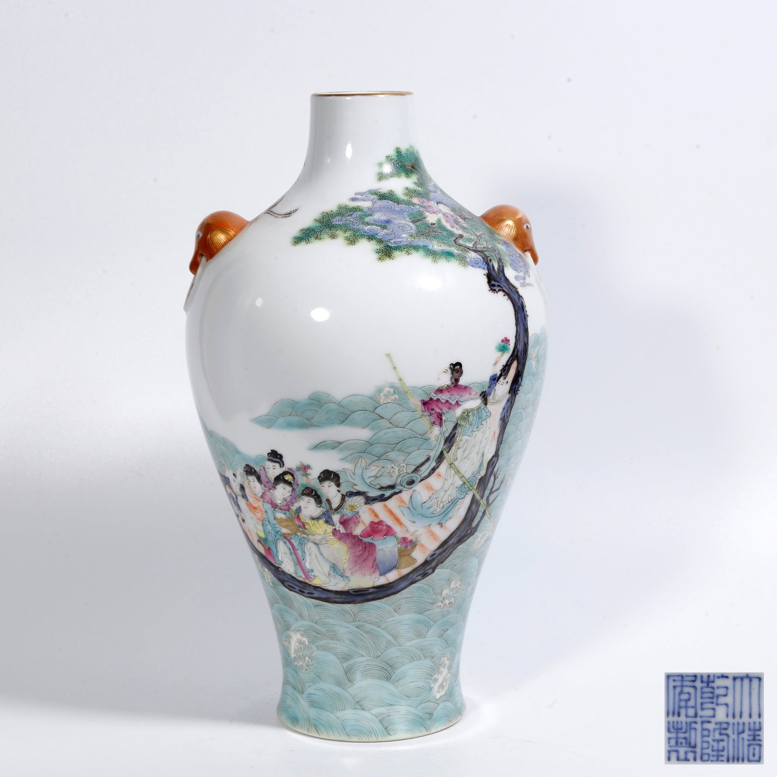 A FAMILLE-ROSE VASE WITH DOUBLE BEAST-HEAD HANDLES AND FIGURE NARRATIVE SCENES: Famille-Rose Vase with Double Beast-Head Handles and Figure Narrative Scenes