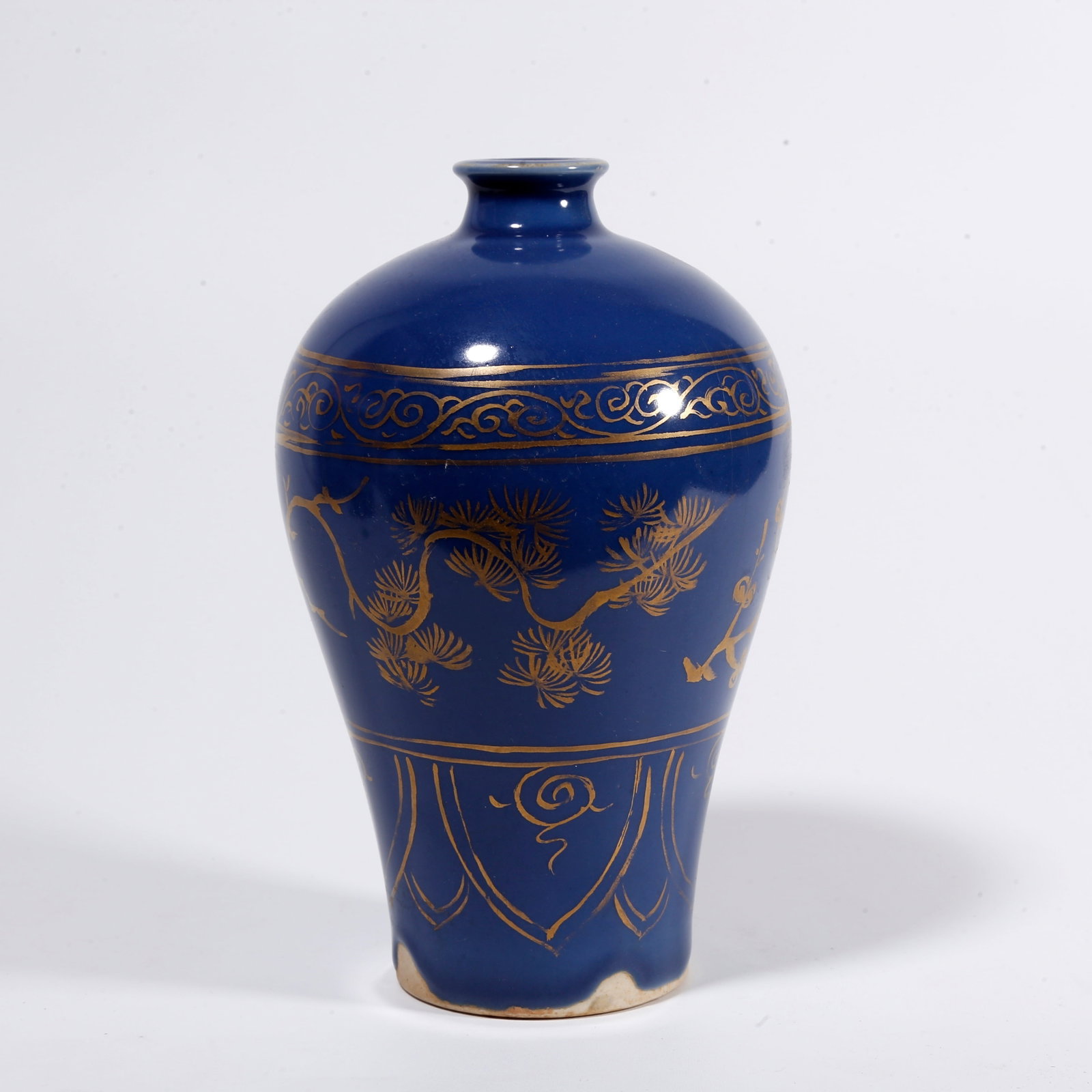 A BLUE GLAZED GILDED PLUM VASE WITH PINE, PLUM AND BAMBOO PATTERN: Blue Glazed Gilded Plum Vase with Pine, Plum and Bamboo Pattern
