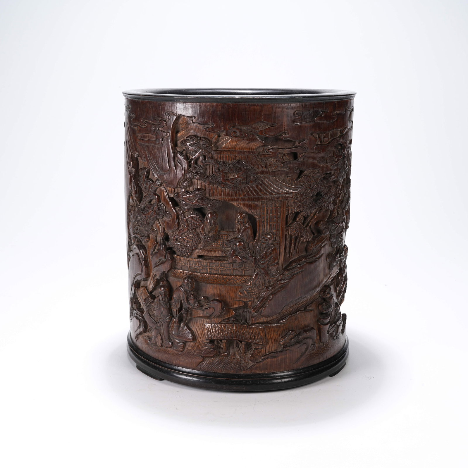 A BAMBOO ROOT CARVED BRUSH POT WITH SCHOLAR UNDER PINE PATTERN (1 of 9)