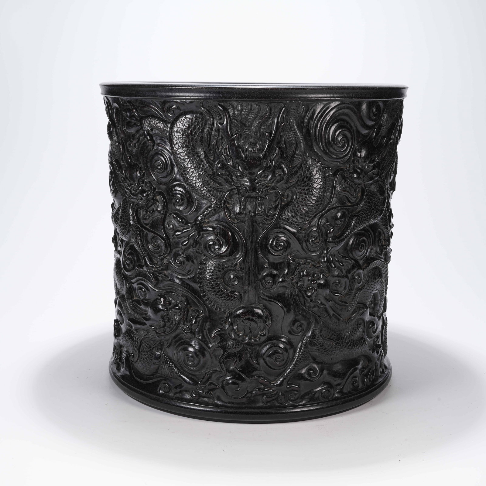 A LARGE BRUSH WASHER OF ZITAN WOOD WITH CLOUD DRAGON SPITTING PEARL PATTERN: Large Brush Washer of Zitan Wood with Cloud Dragon Spitting Pearl Pattern