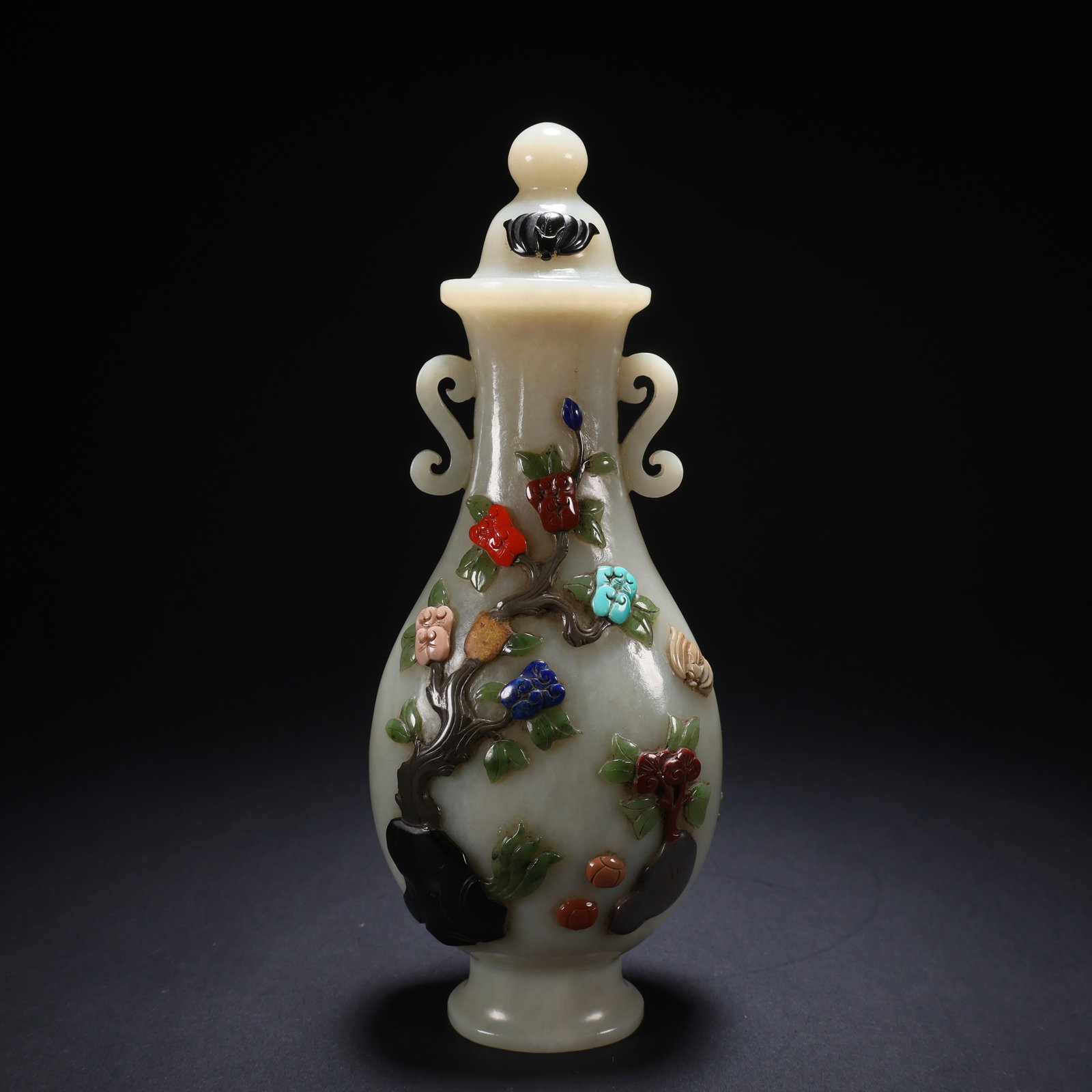 A HETIAN JADE GEM-INLAID FORTUNE-AND-LONGEVITY RUYI BOTTLE (1 of 9)