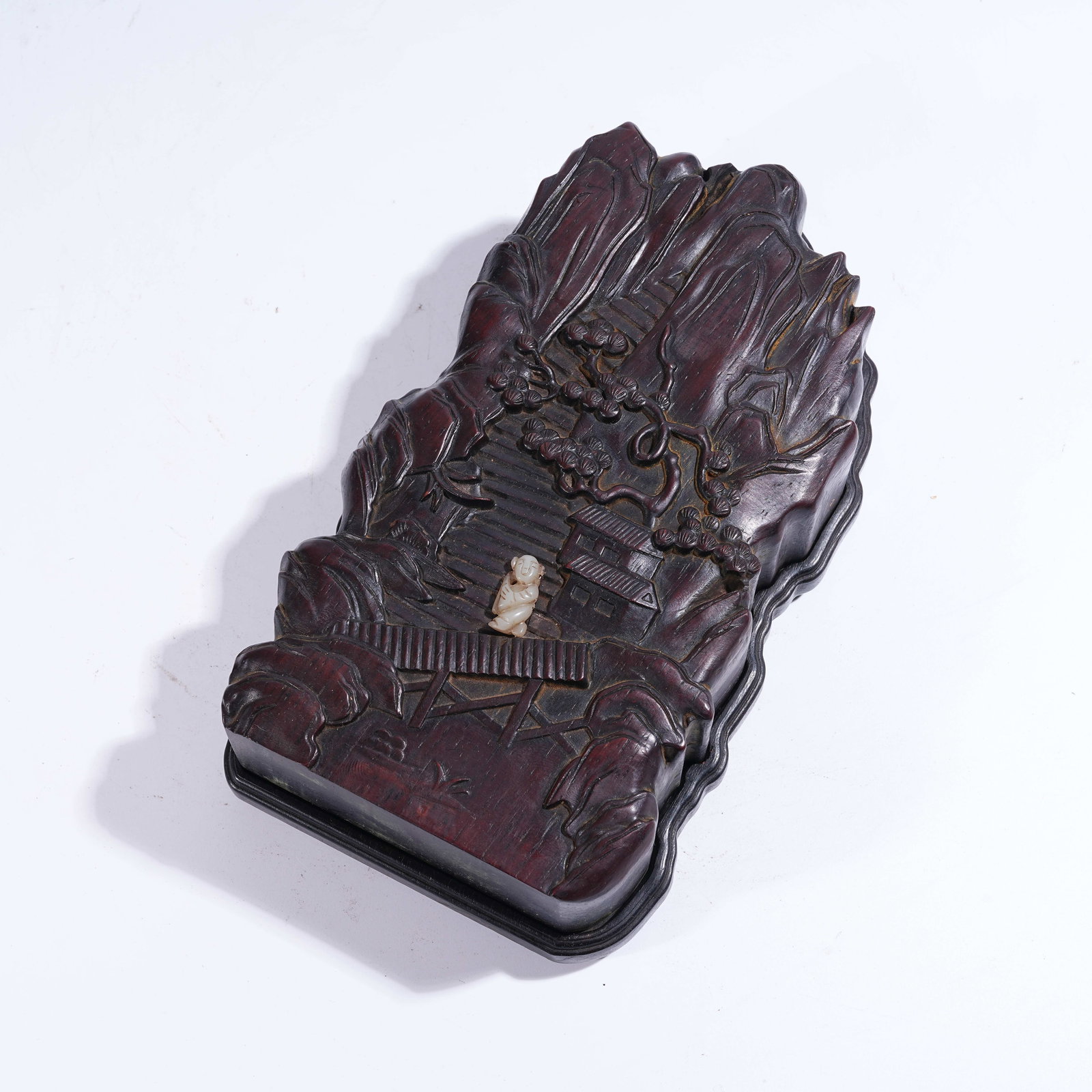A ZITAN COVERED BOX INLAID WITH HETIAN JADE DEPICTING A "VISITING A FRIEND" SCENE: Zitan Covered Box Inlaid with Hetian Jade Depicting a "Visiting a Friend" Scene