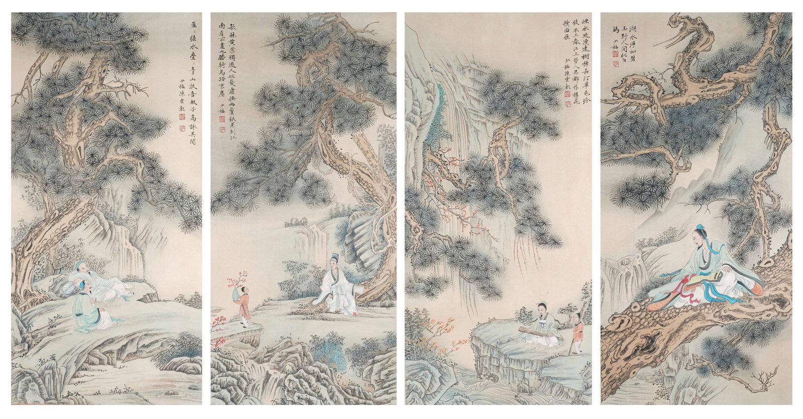 A LANDSCAPE AND FIGURE PAINTINGS ON PAPER BY CHEN SHAOMEI (4 PIECES).陳少梅: Landscape and Figure Paintings on Paper by Chen Shaomei (4 pieces).陳少梅