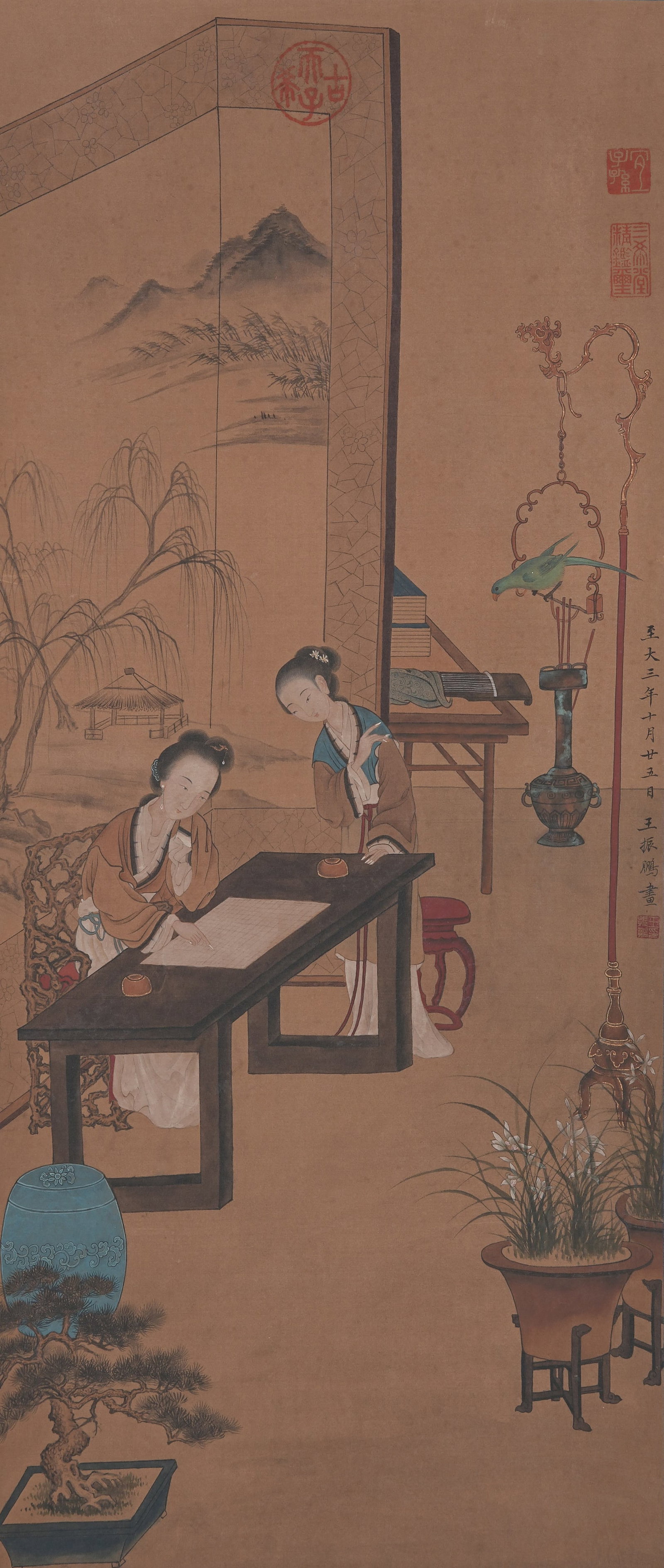 A LADY PAINTING ON SILK BY WANG ZHENPENG.王振鵬: Lady Painting on Silk by Wang Zhenpeng.王振鵬
