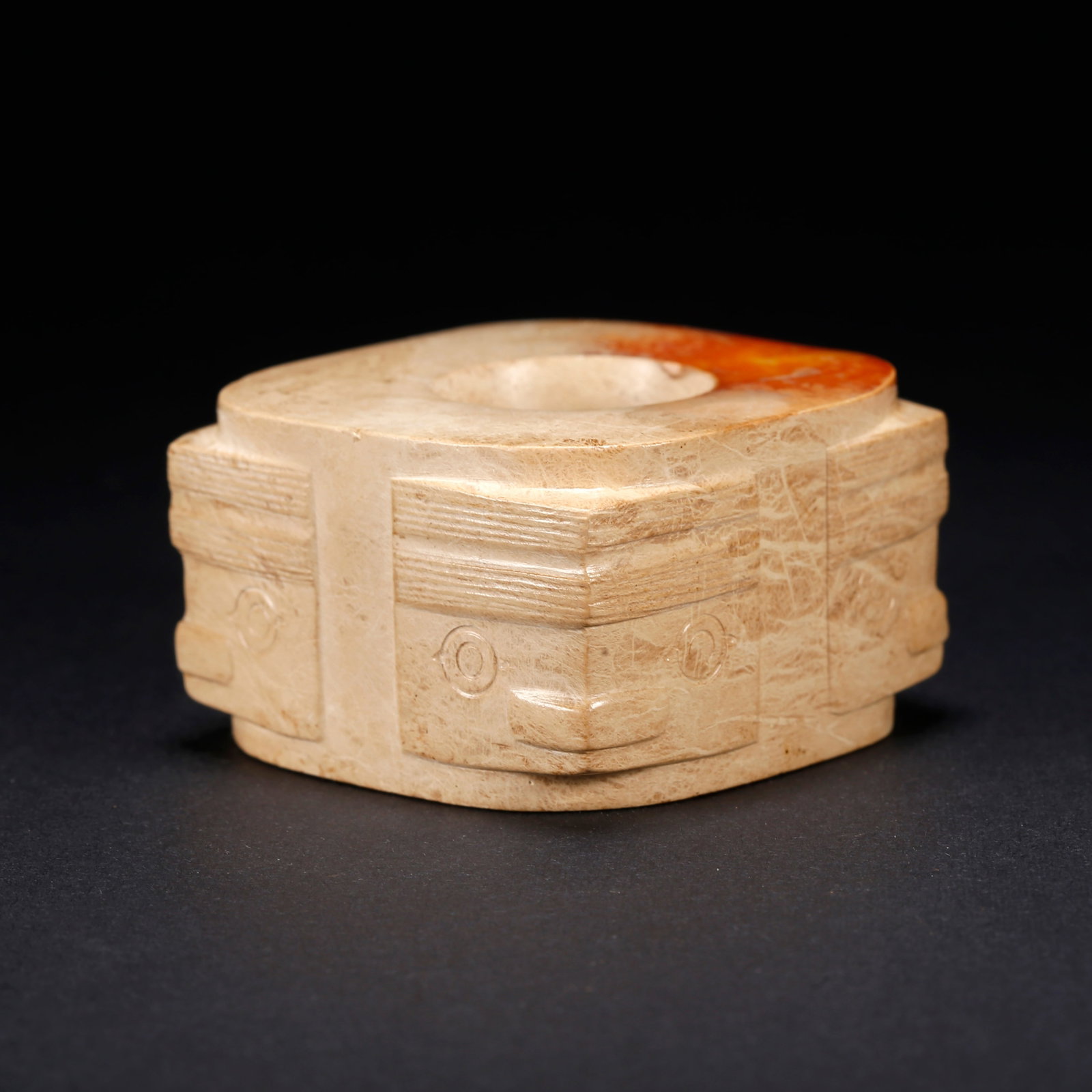 A ANCIENT JADE CONG WITH BEAST FACE MOTIF: Ancient Jade Cong with Beast Face Motif
