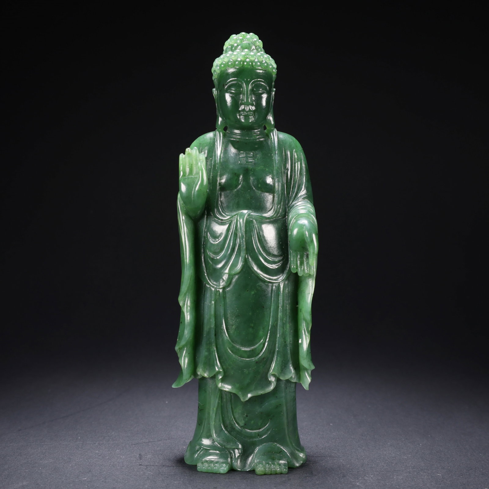 A HETIAN BIYU STANDING BUDDHA: Hetian Biyu Standing Buddha