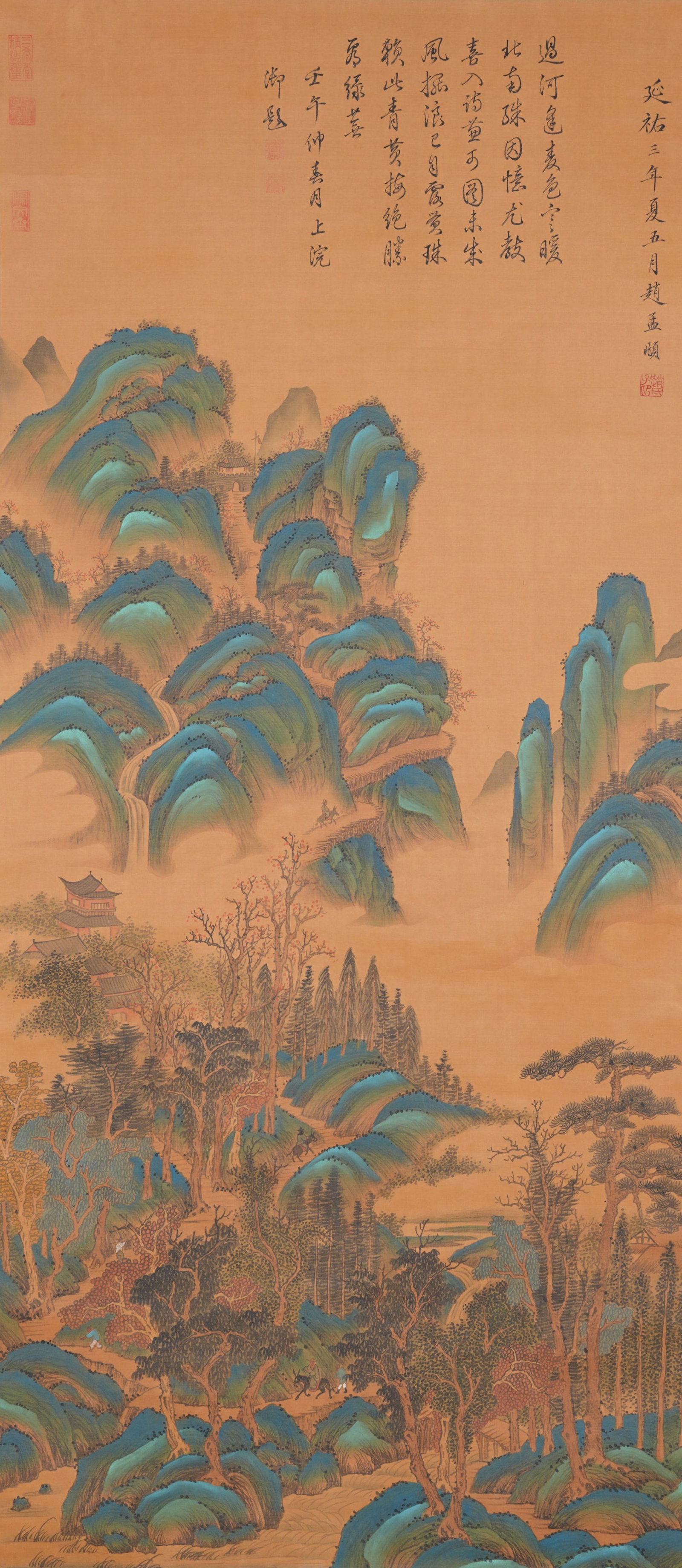A LANDSCAPE PAINTING ON SILK BY ZHAO MENGFU.趙孟頫: Landscape Painting on Silk by Zhao Mengfu.趙孟頫