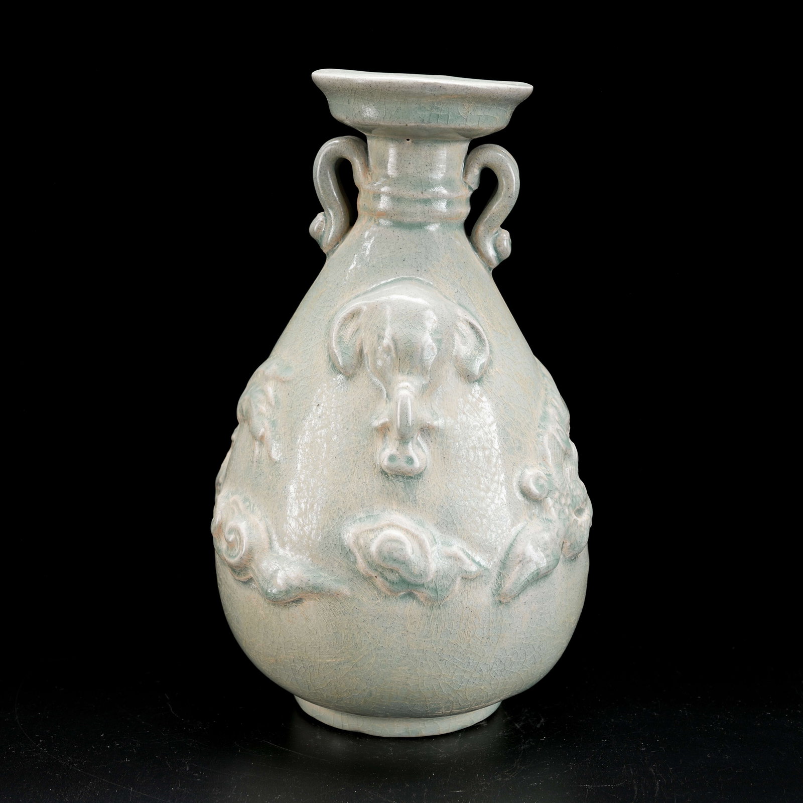 A RU KILN DOUBLE-HANDLED ZUN WITH ELEPHANT MOTIF: Ru Kiln Double-Handled Zun with Elephant Motif