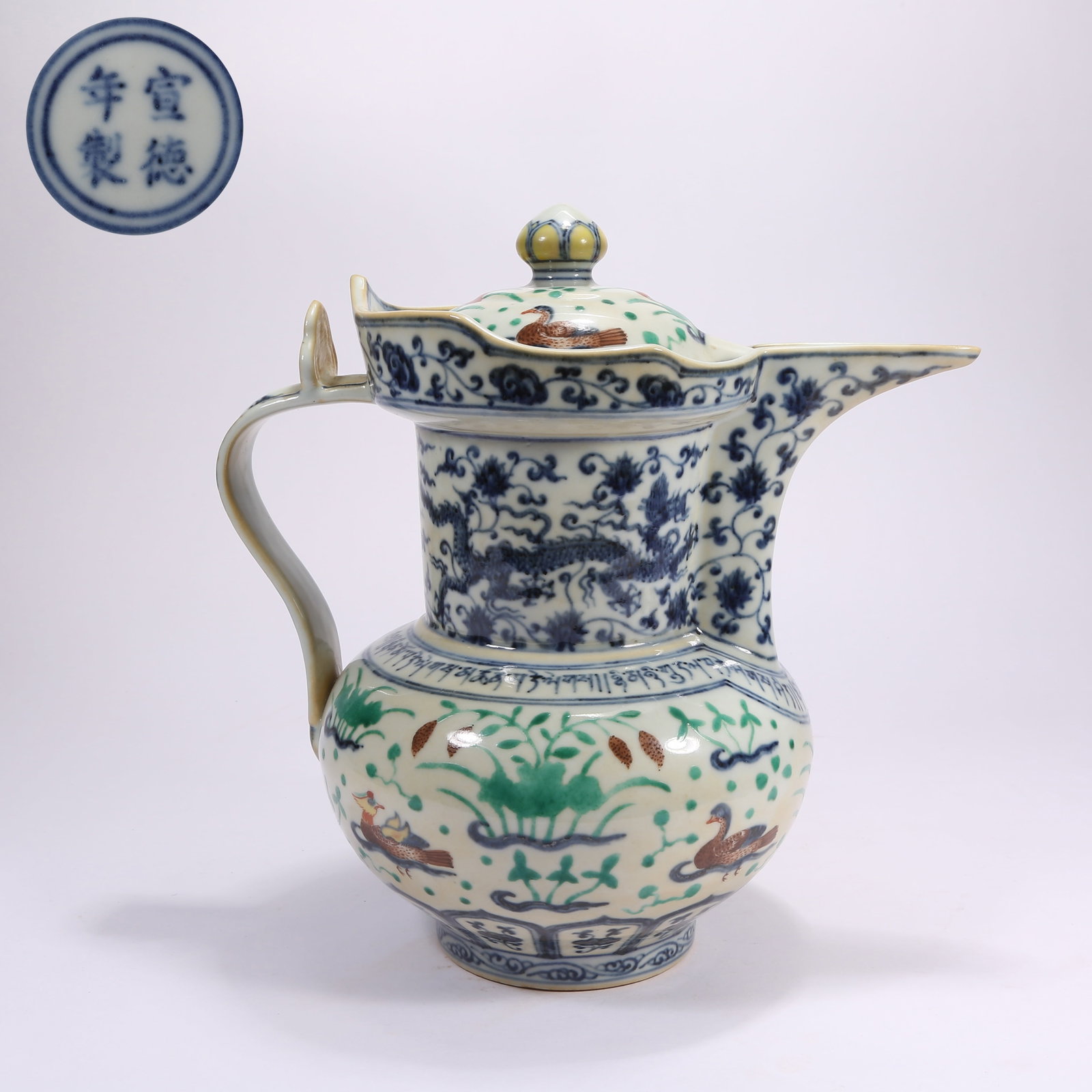 A BLUE-AND-WHITE AND DOUPAI "LOTUS POND WITH MONKS HAT" EWER: Blue-and-White and Doupai "Lotus Pond with Monks Hat" Ewer