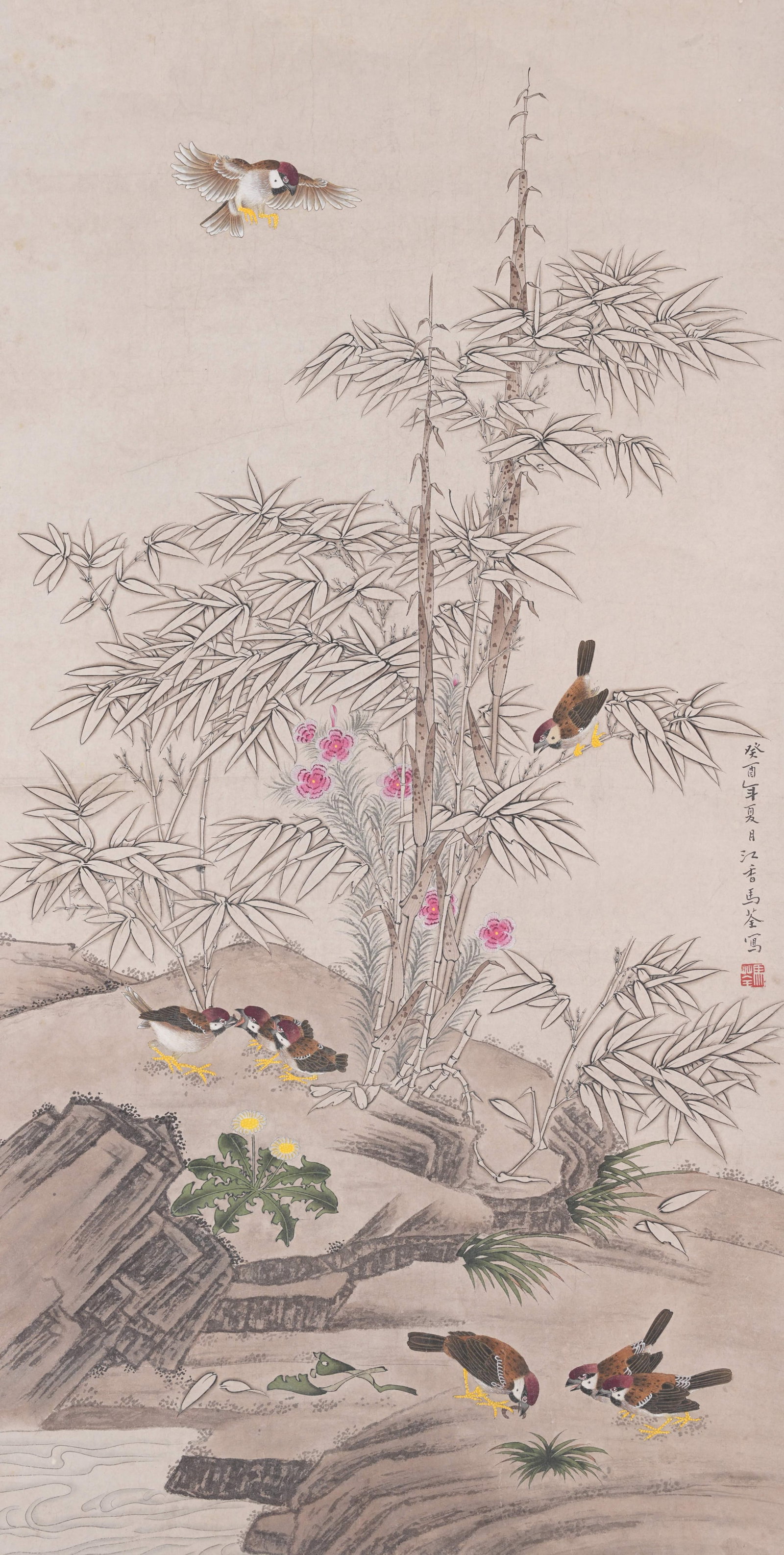 A BAMBOO AND SPARROW PAINTING ON PAPER BY MA QUAN.馬荃 (1 of 9)