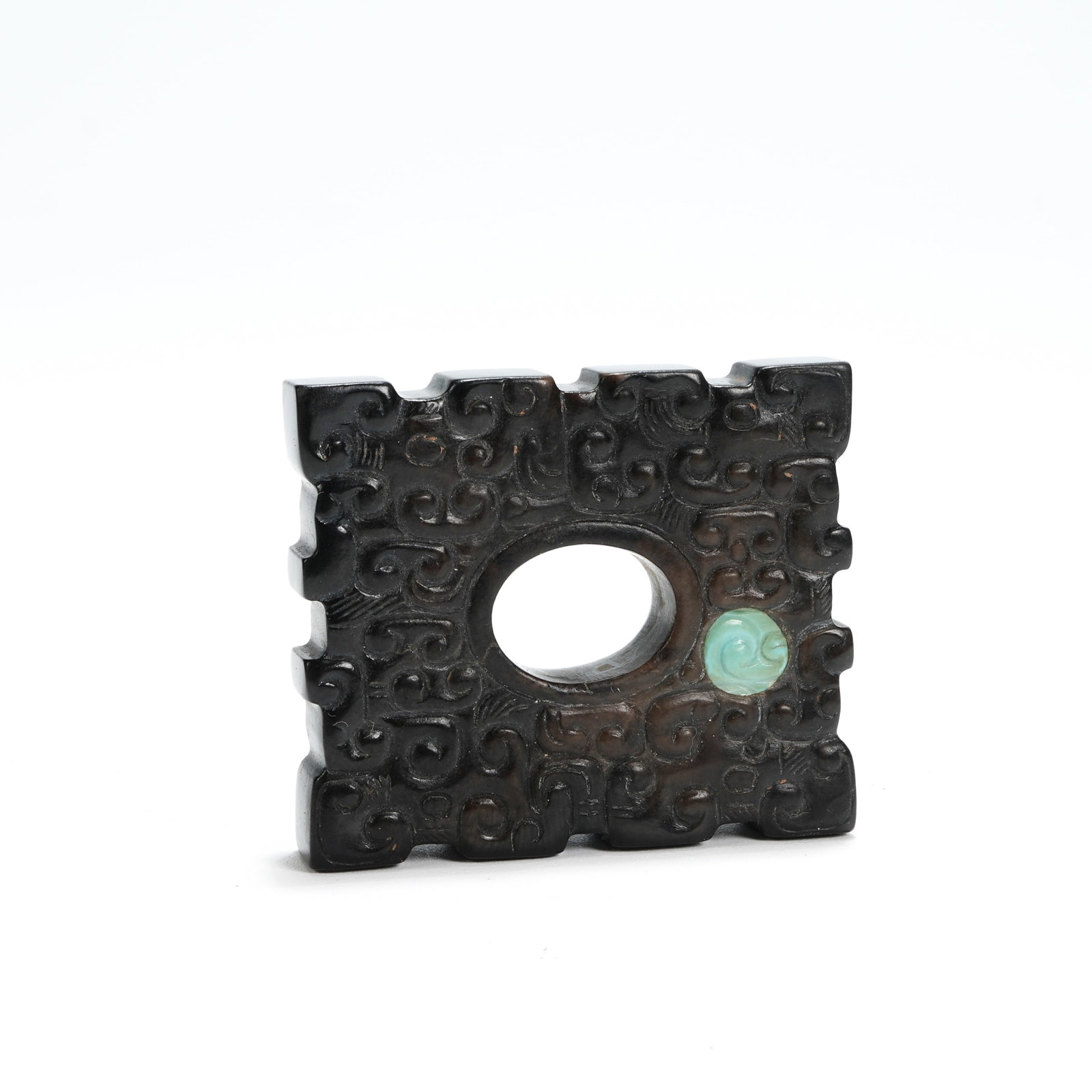 A ARCHAIC JADE CLOUD PATTERN PENDANT INLAID WITH TURQUOISE: Archaic jade cloud pattern pendant inlaid with turquoise