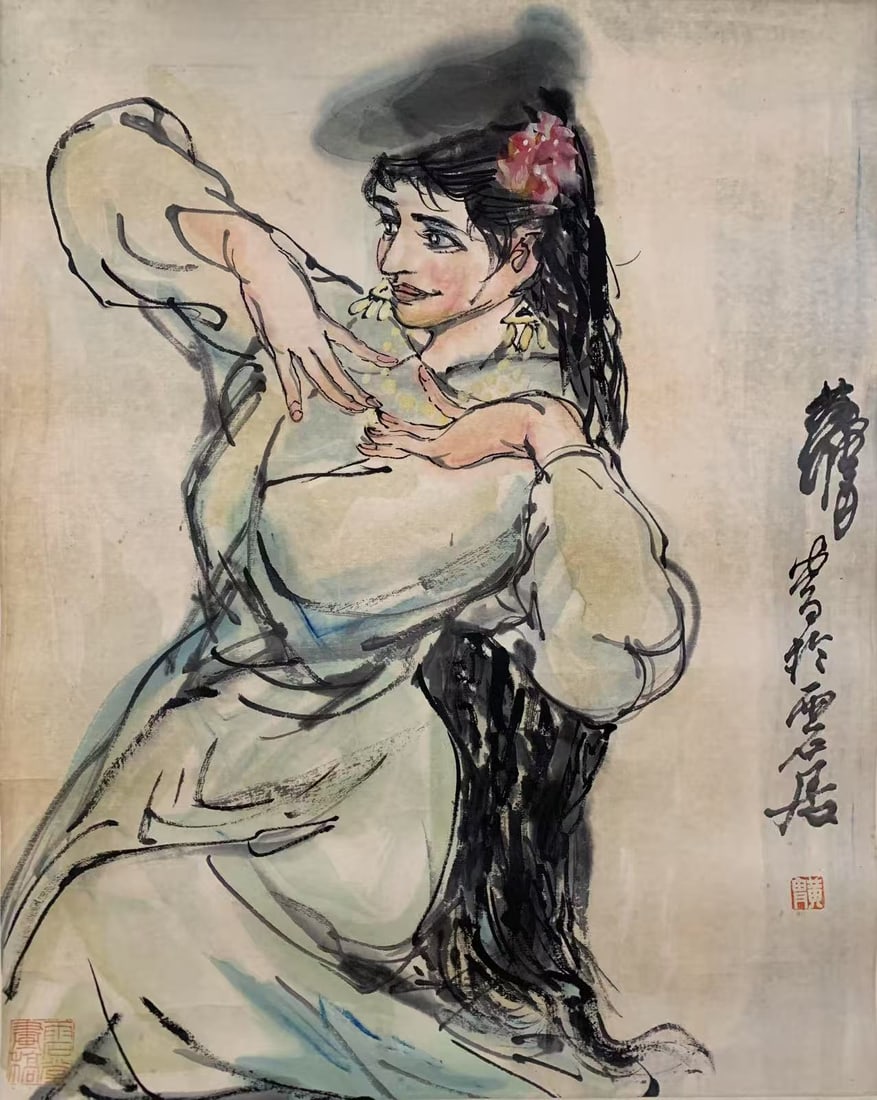 A DANCING GIRL PAINTING ON PAPER BY HUANG ZHOU.黃胄 (1 of 6)