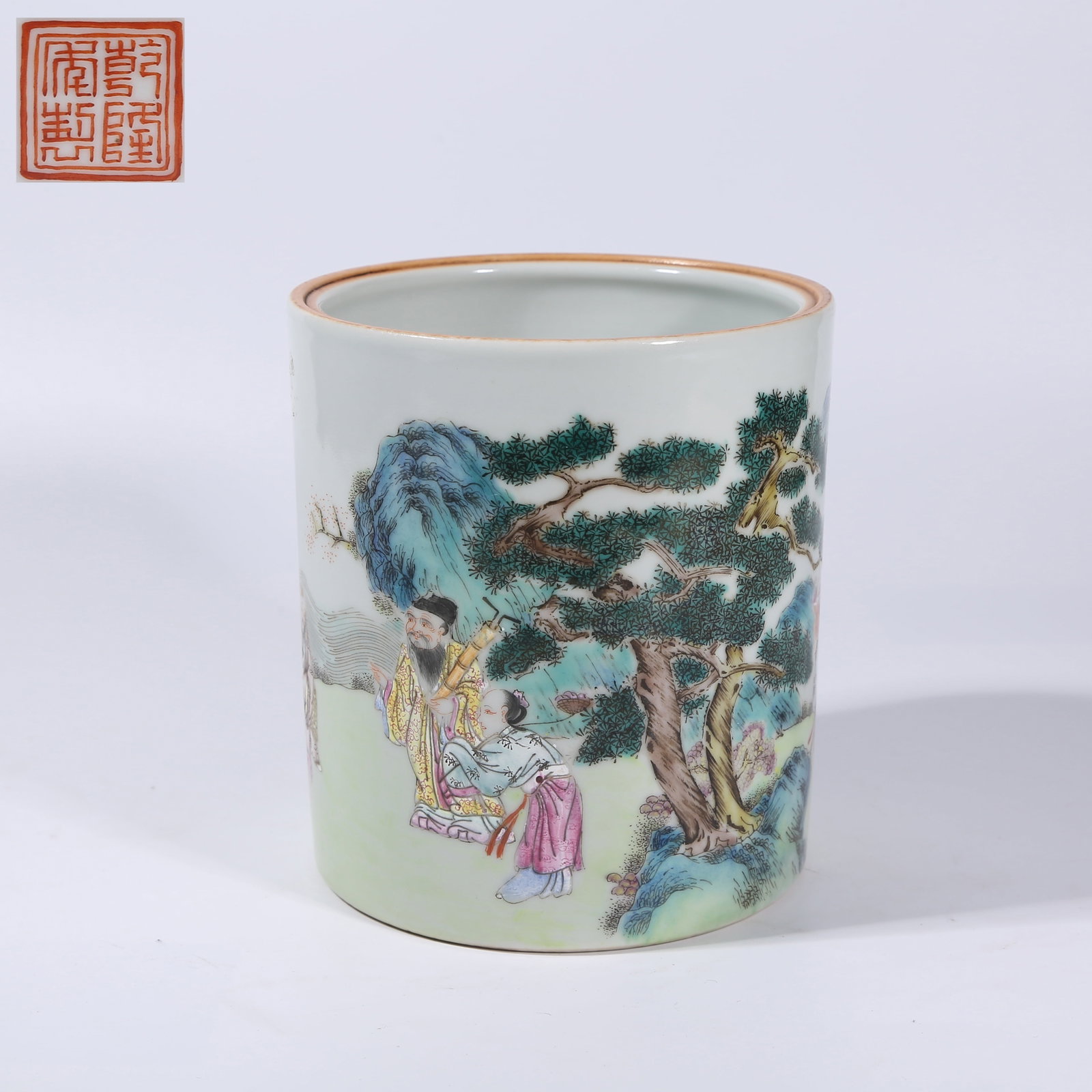 A FAMILLE ROSE "EIGHT IMMORTALS" FIGURE STORY BRUSH POT (1 of 9)