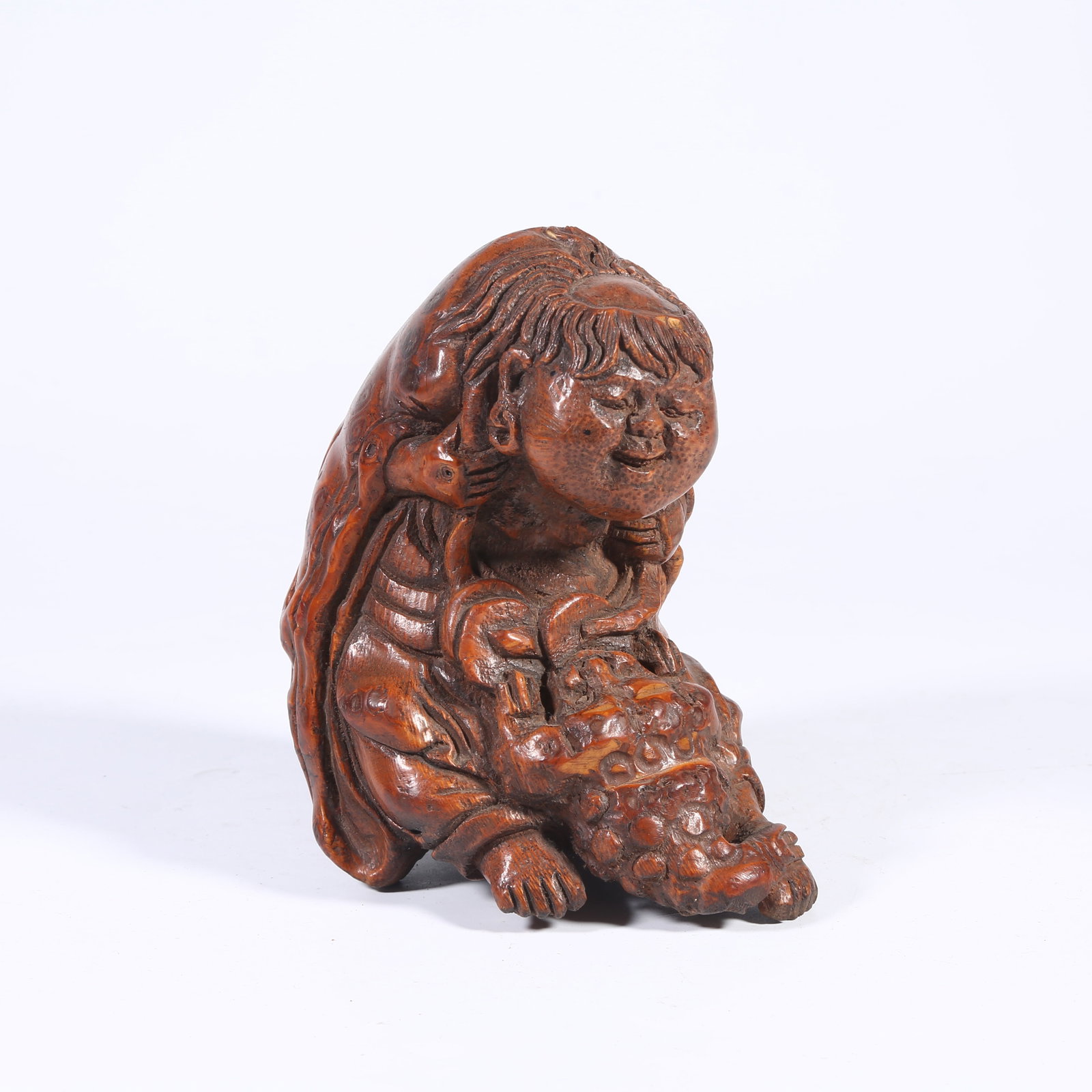 A ROOT CARVING OF LIU HAI PLAYING WITH THE GOLDEN TOAD (BAMBOO ROOT) (1 of 7)