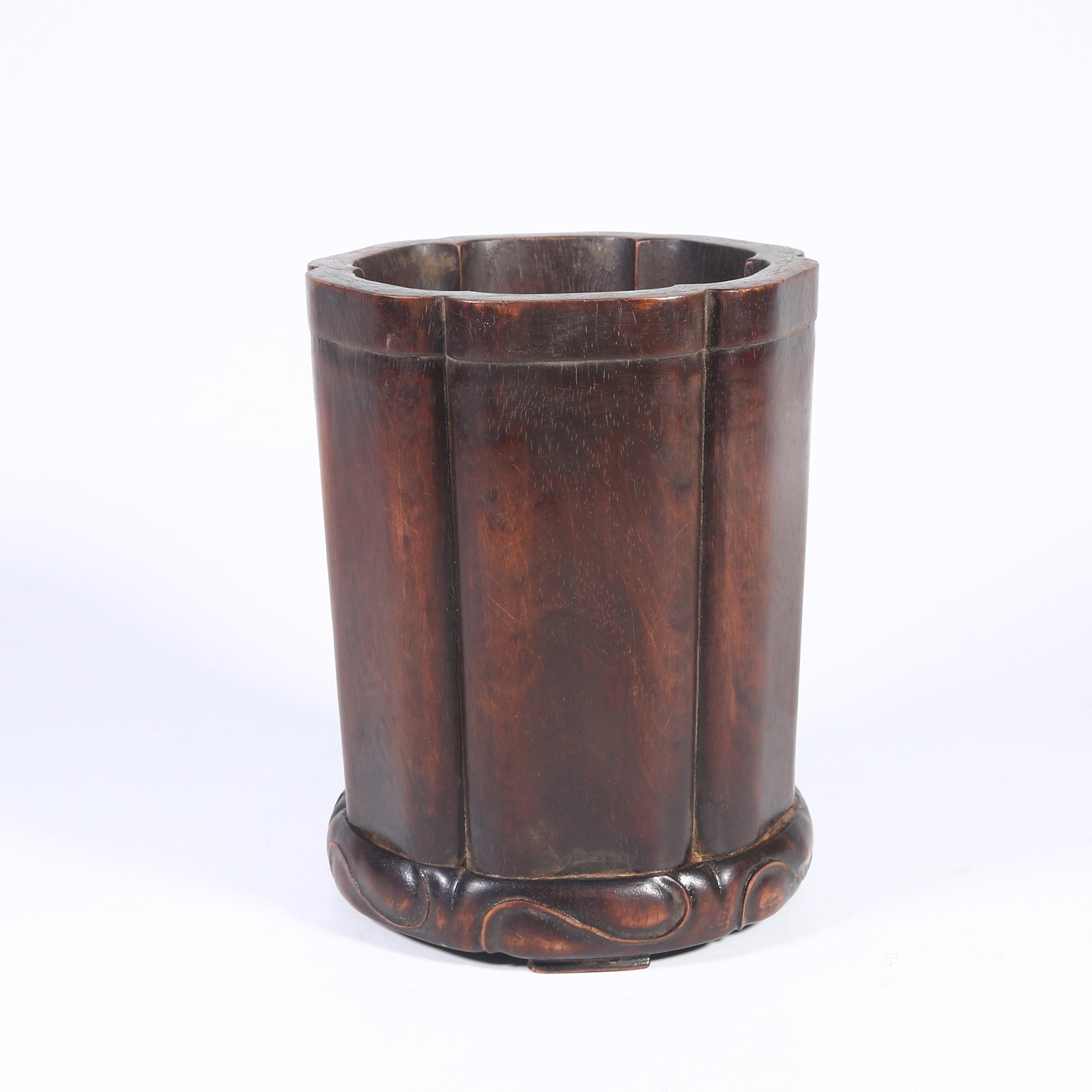 A HUANGHUALI BRUSH POT WITH SUNFLOWER-SHAPED MOUTH (1 of 9)
