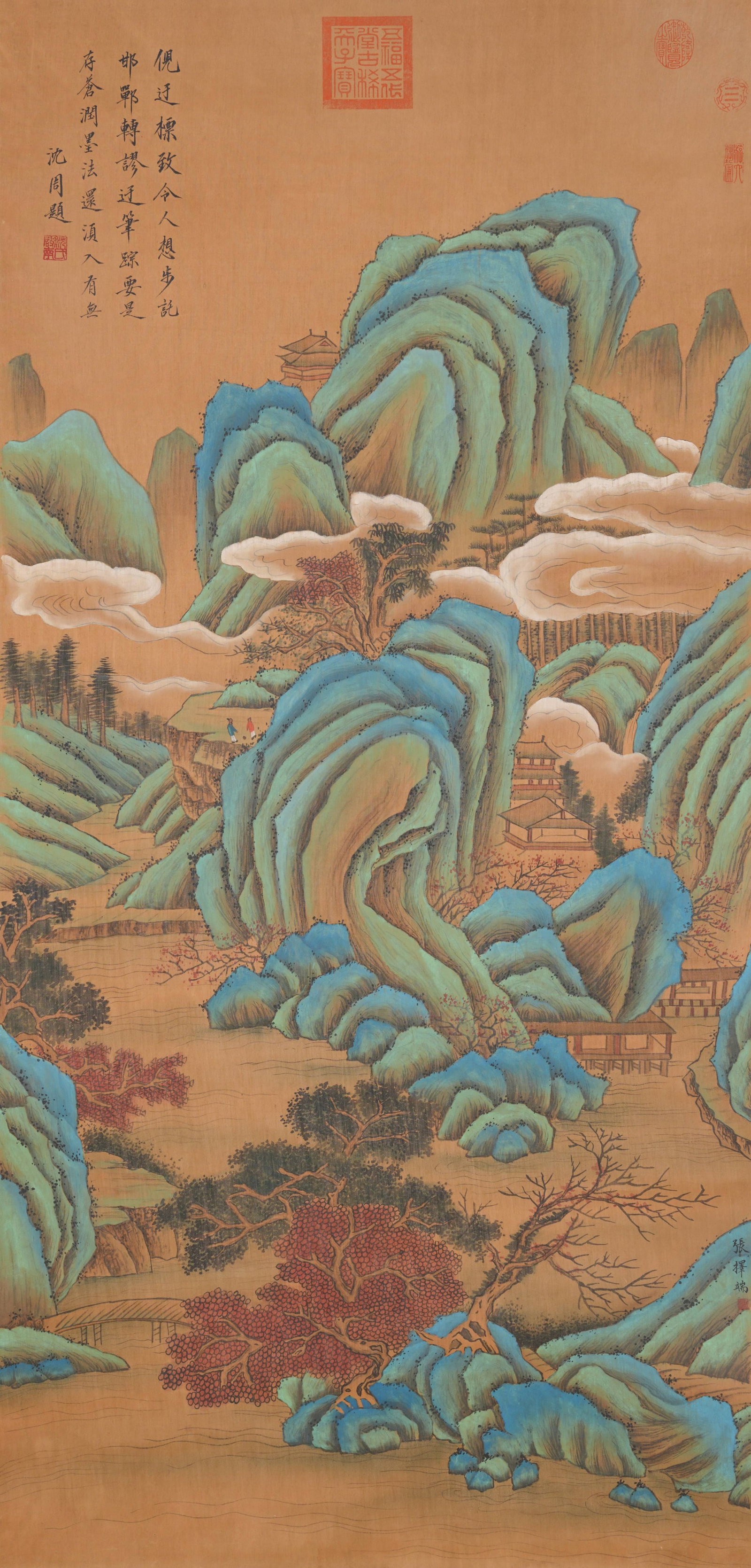 A LANDSCAPE PAINTING ON SILK BY ZHANG ZEDUAN.張擇端: Landscape Painting on Silk by Zhang Zeduan.張擇端