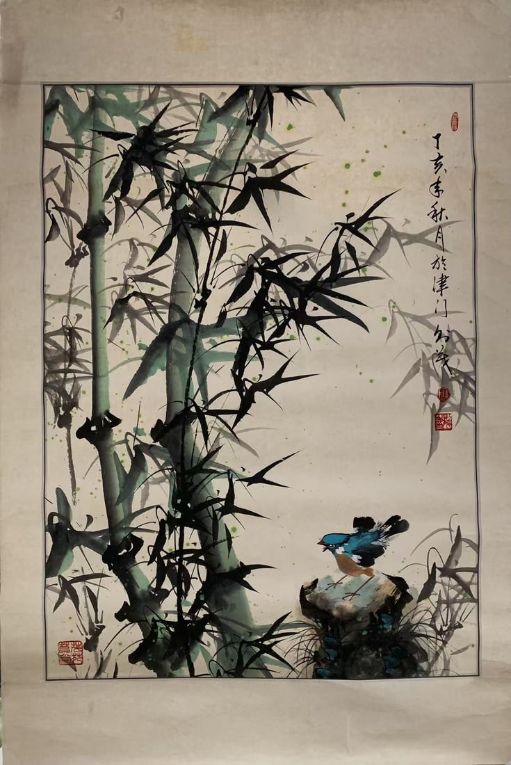 A BAMBOO AND SPARROW PAINTING ON PAPER BY ZHOU ZEMAO.周則茂 (1 of 6)