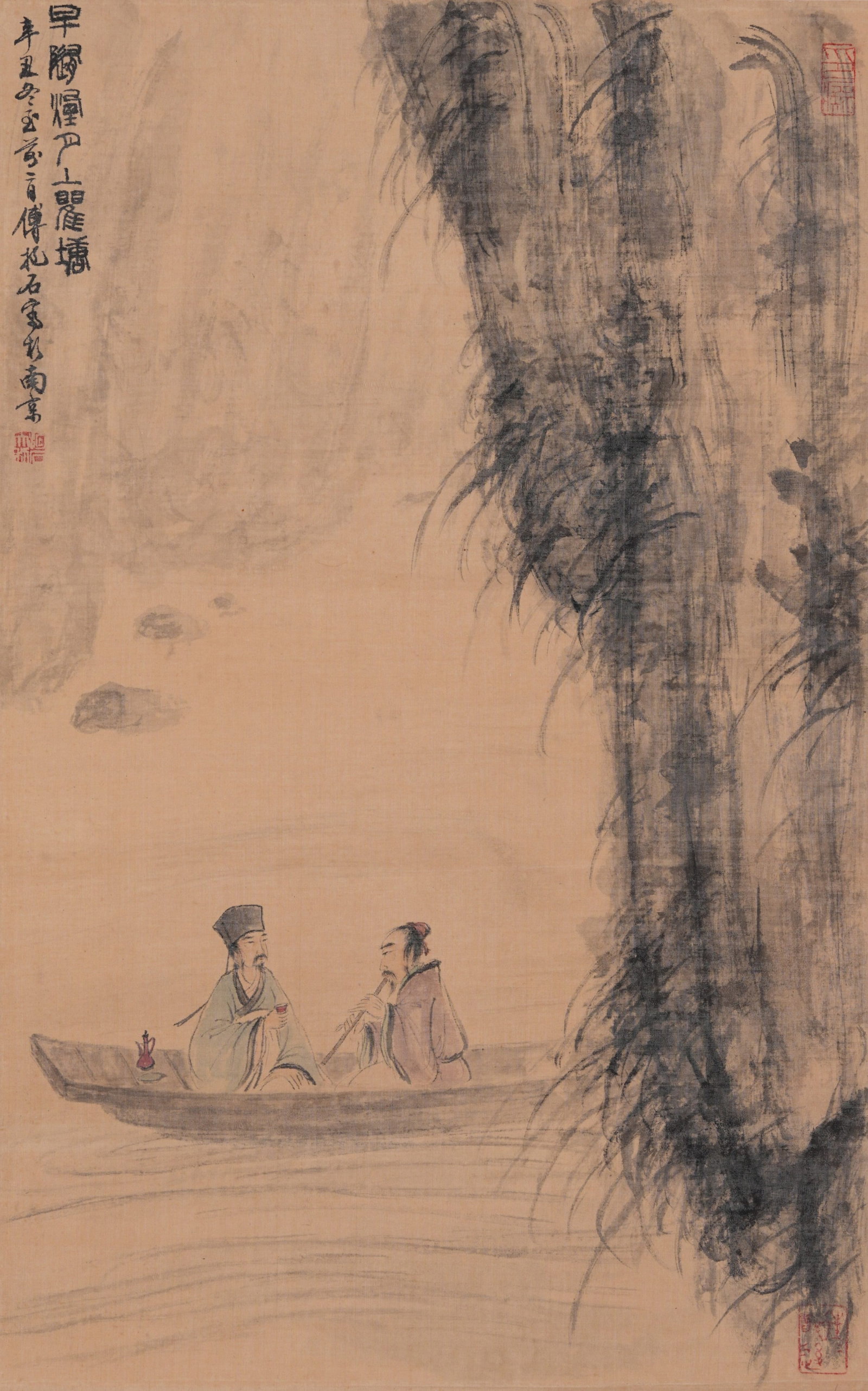A LANDSCAPE AND FIGURE PAINTING ON SILK BY FU BAOSHI.傅抱石: Landscape and Figure Painting on Silk by Fu Baoshi.傅抱石