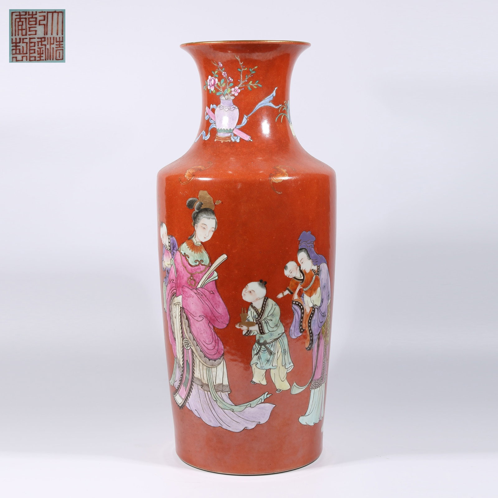 A RED-GROUND FAMILLE ROSE MALLET-SHAPED VASE WITH FIGURE STORY DESIGN (1 of 9)