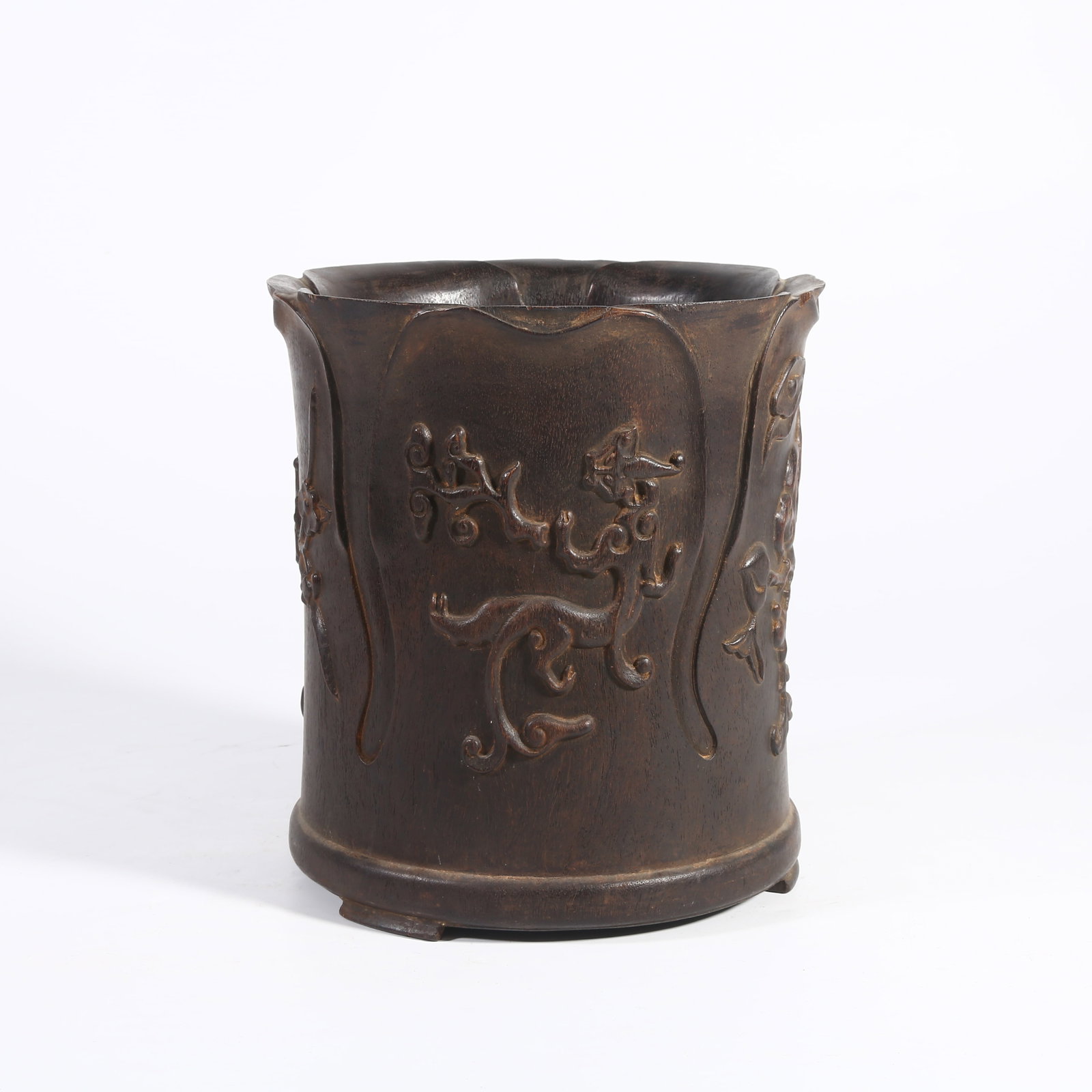A ZITAN BRUSH POT WITH CHI DRAGON PATTERN AND FLARED RIM (1 of 9)