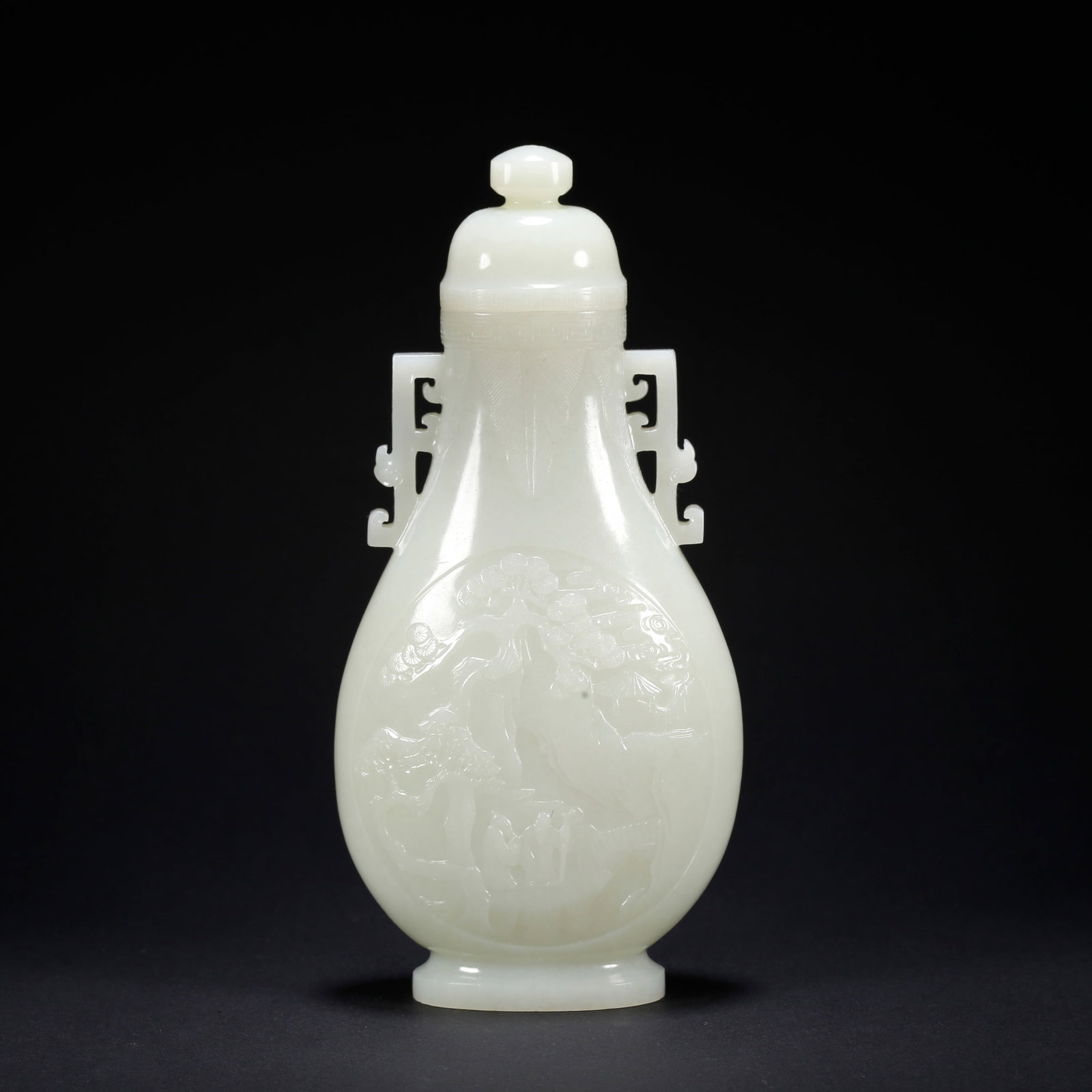 A HETIAN JADE DOUBLE-HANDLED COVERED BOTTLE WITH LANDSCAPE MOTIF (1 of 10)