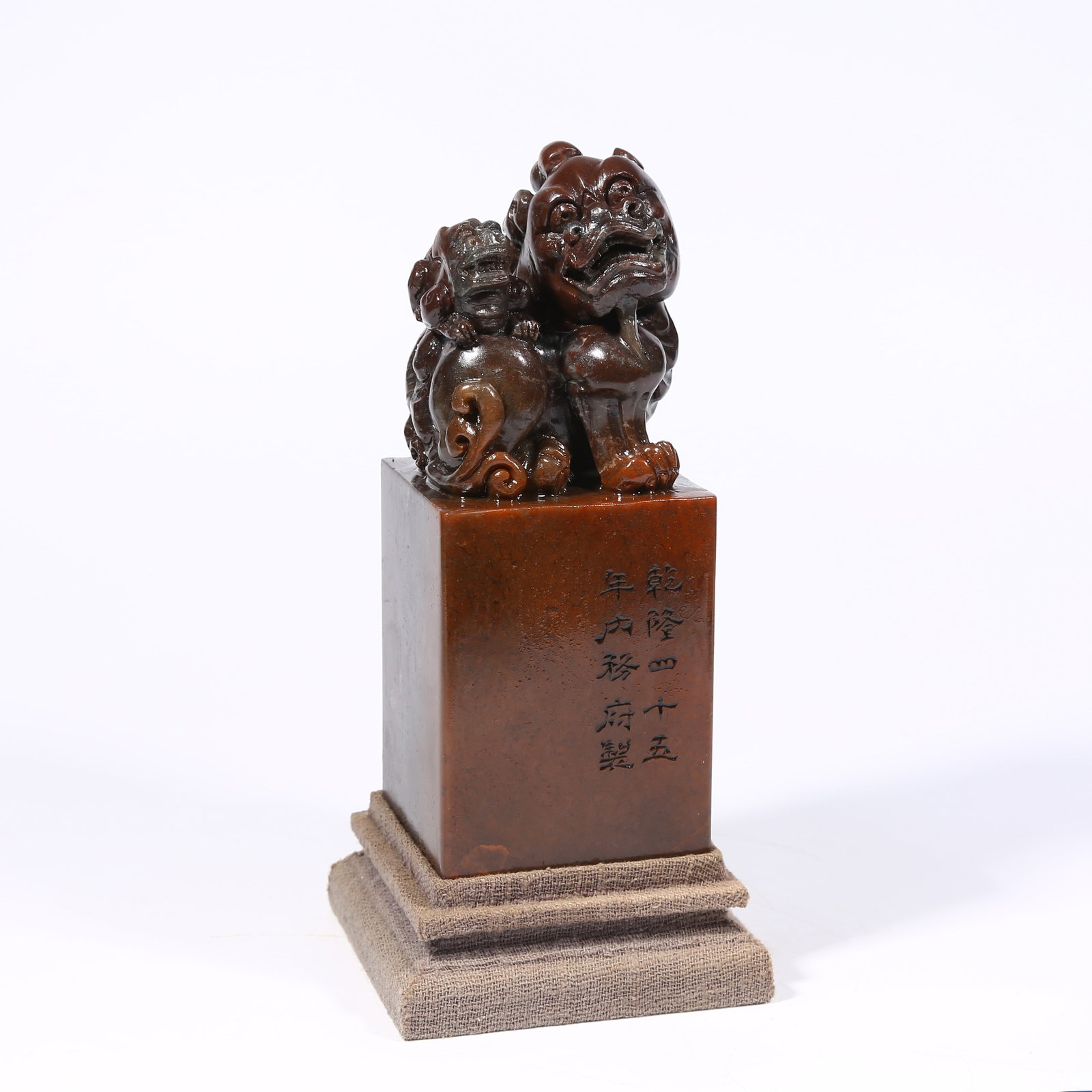 A SHOUSHAN STONE SEAL WITH BEAST KNOB: Shoushan stone seal with beast knob