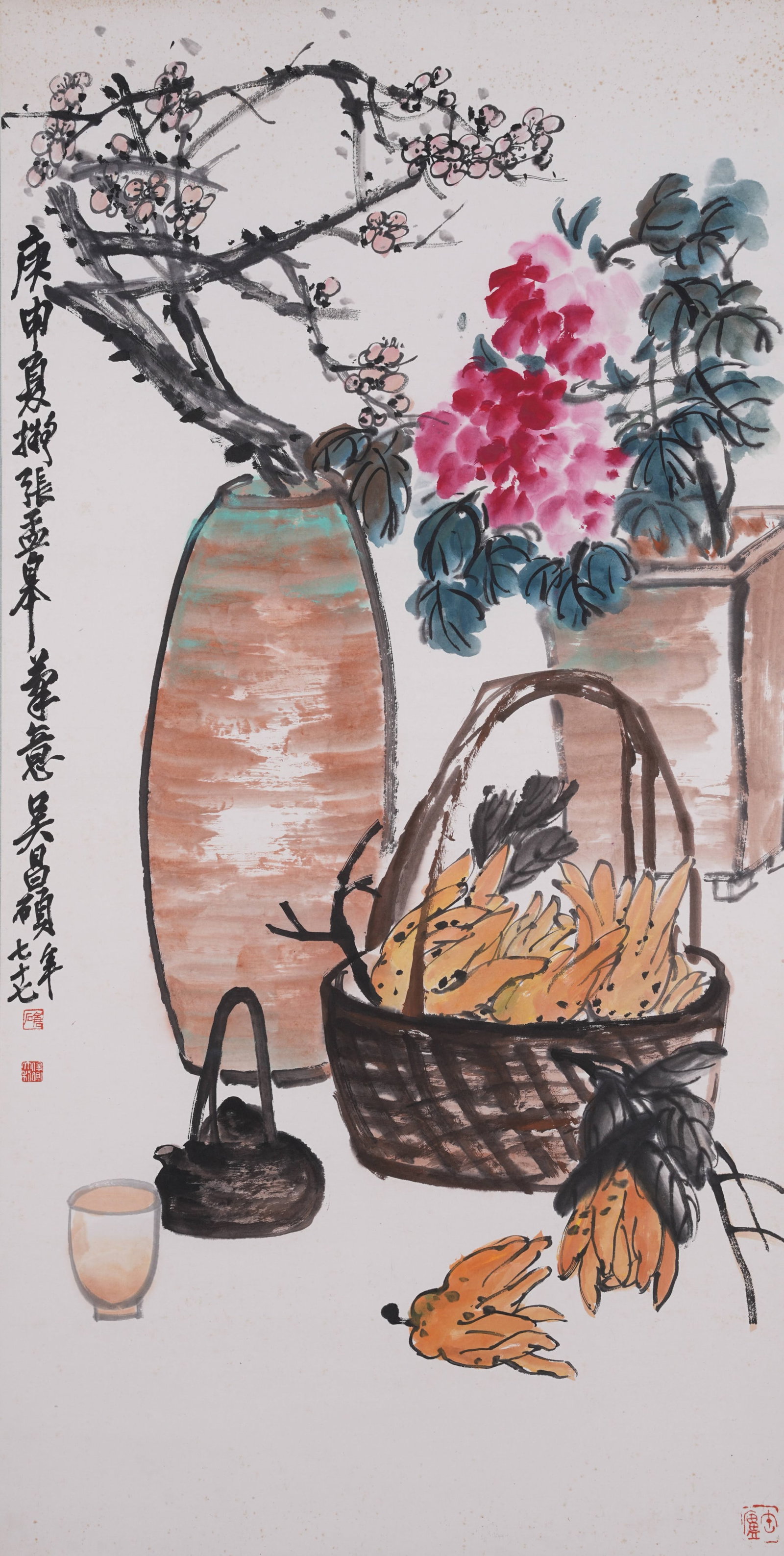 A STILL LIFE OFFERING PAINTING ON PAPER BY WU CHANGSHUO.吳昌碩: Still Life Offering Painting on Paper by Wu Changshuo.吳昌碩