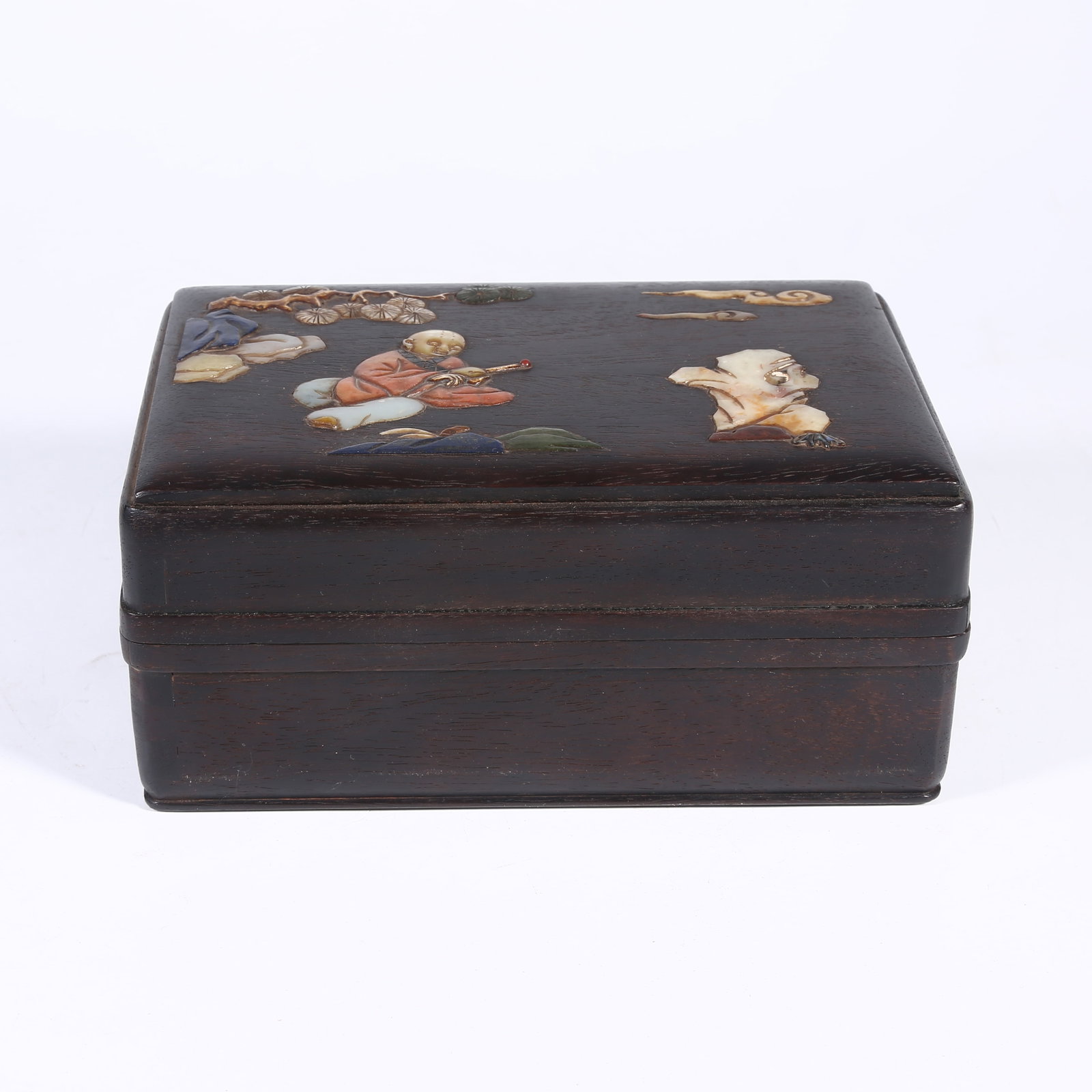 A ZITAN LIDDED BOX INLAID WITH HUNDRED TREASURES AND ARHAT MOTIF: Zitan Lidded Box Inlaid with Hundred Treasures and Arhat Motif