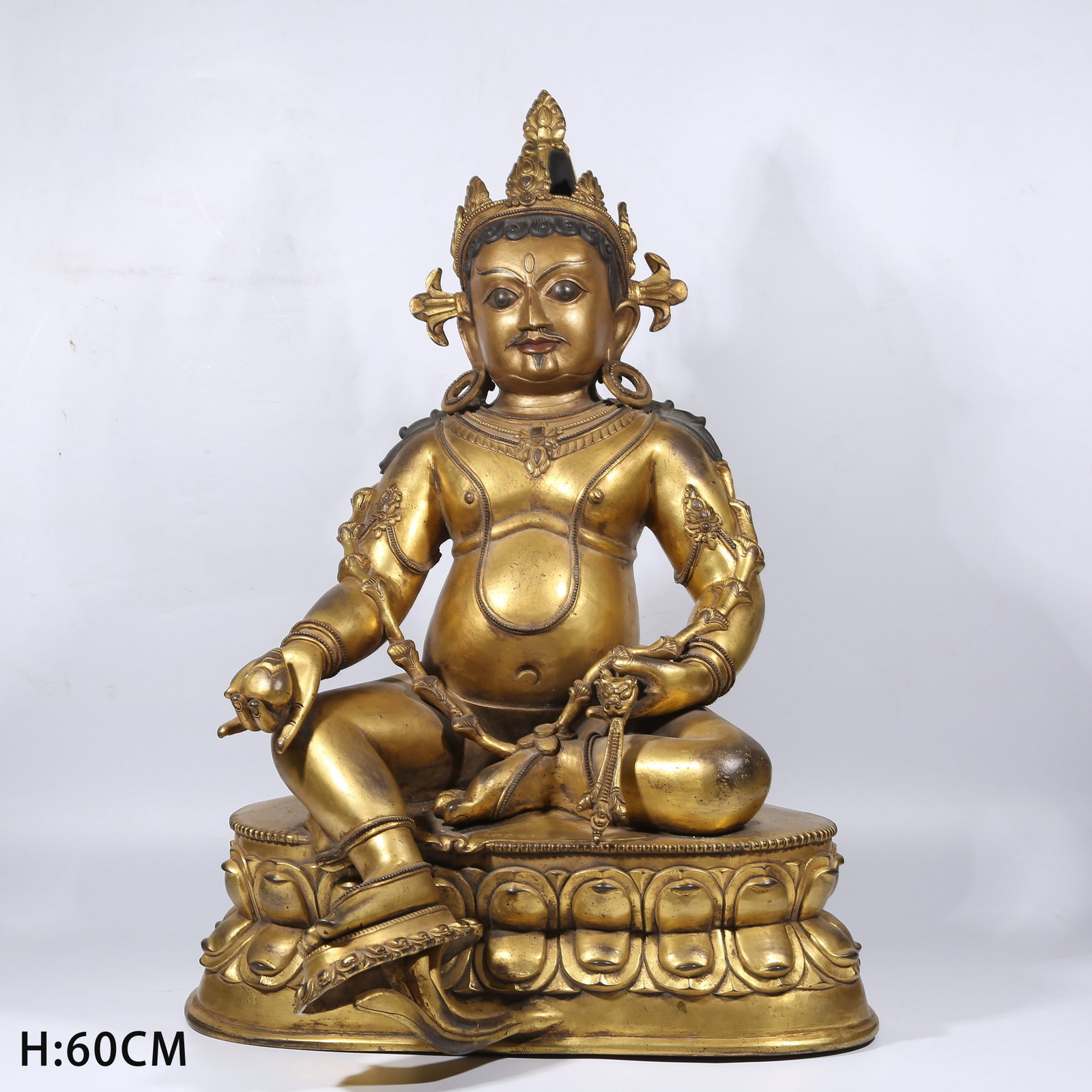 A GILT BRONZE YELLOW JAMBHALA STATUE: Gilt Bronze Yellow Jambhala Statue