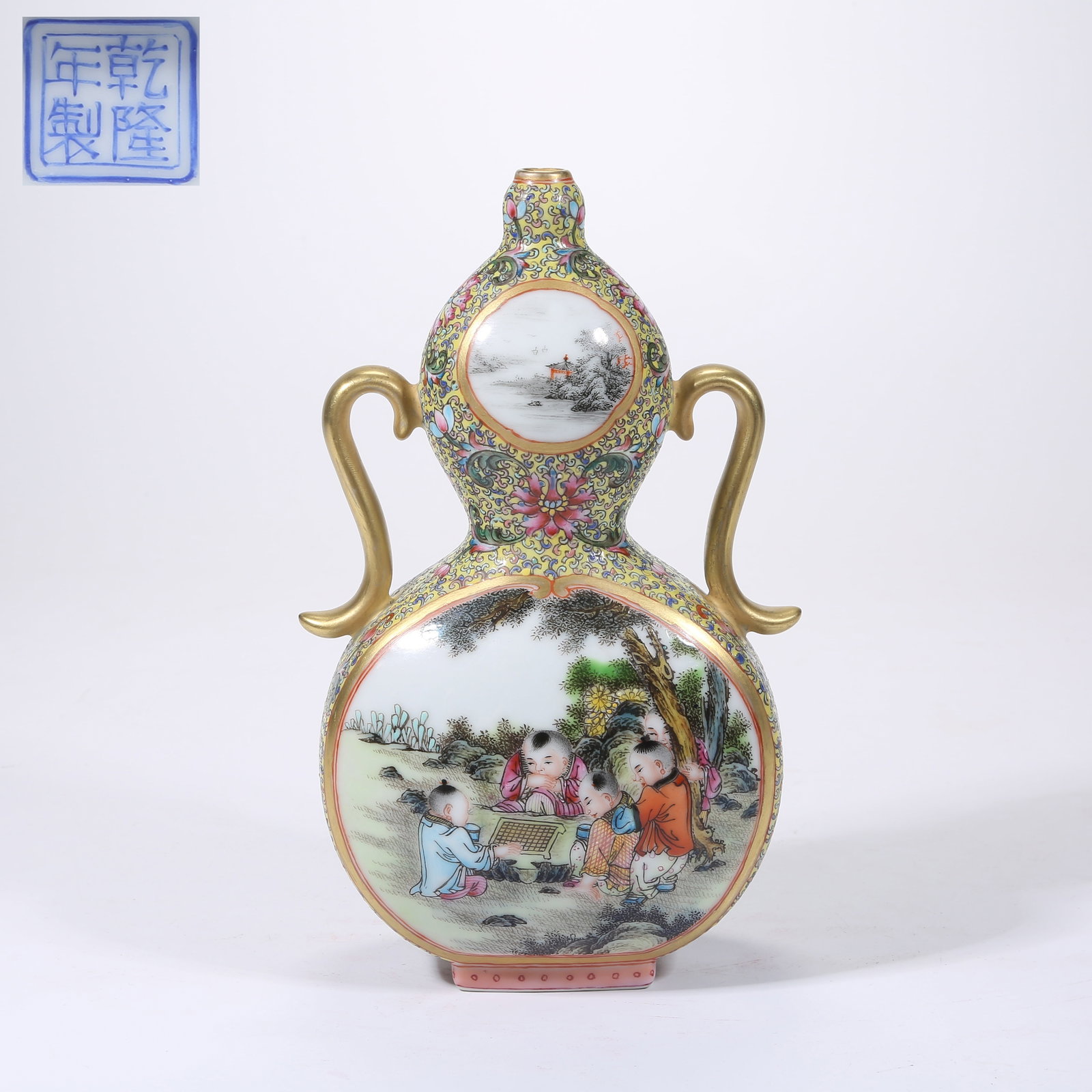 A YELLOW-GROUND FAMILLE-ROSE GOURD-SHAPED VASE WITH CHILDREN AT PLAY AND RIBBON HANDLES (1 of 10)