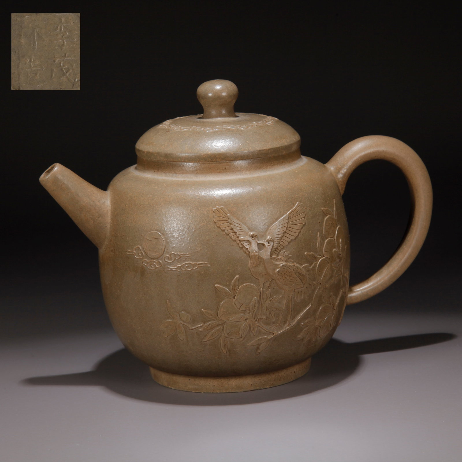 A ZISHA CLAY CARVED CRANE PATTERN EWER (1 of 9)