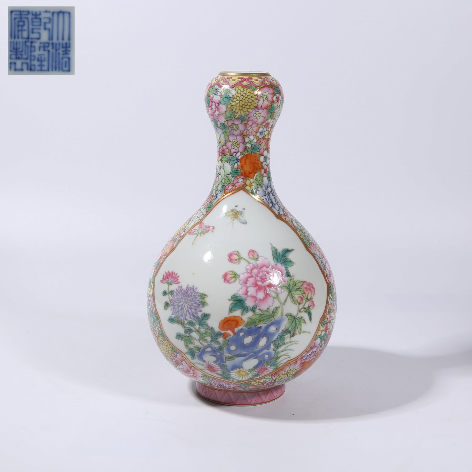 A FAMILLE ROSE FLORAL AND BIRD GARLIC-SHAPED VASE (1 of 9)