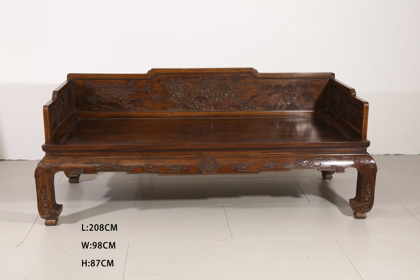 A HUANGHUALI LUOHAN BED WITH FLORAL AND BIRD MOTIF (1 of 9)