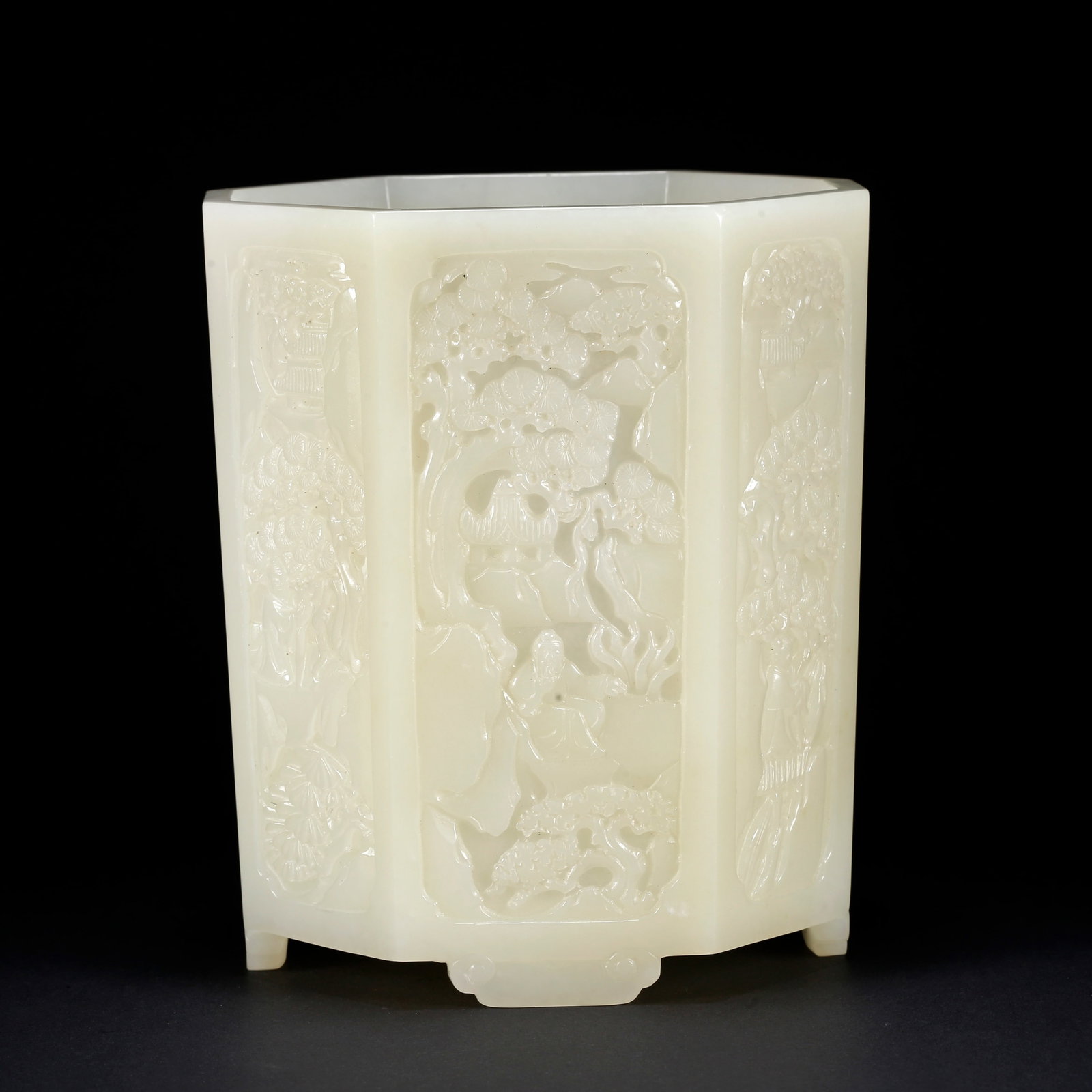 A HETIAN JADE BRUSH HOLDER WITH LANDSCAPE AND FIGURE MOTIF (1 of 10)