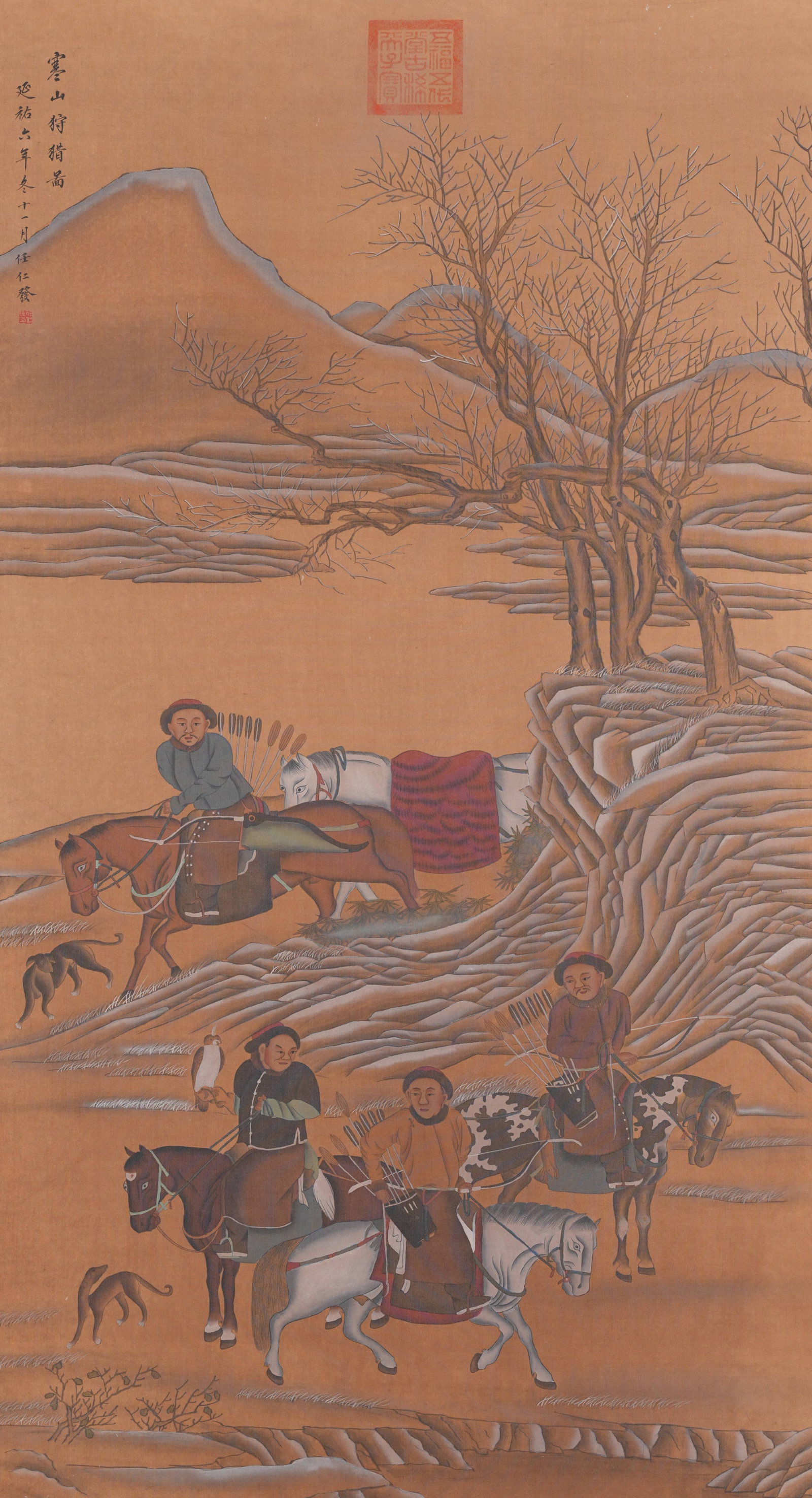 A COLD MOUNTAIN HUNTING PAINTING ON SILK BY REN RENFA.任仁發: Cold Mountain Hunting Painting on Silk by Ren Renfa.任仁發