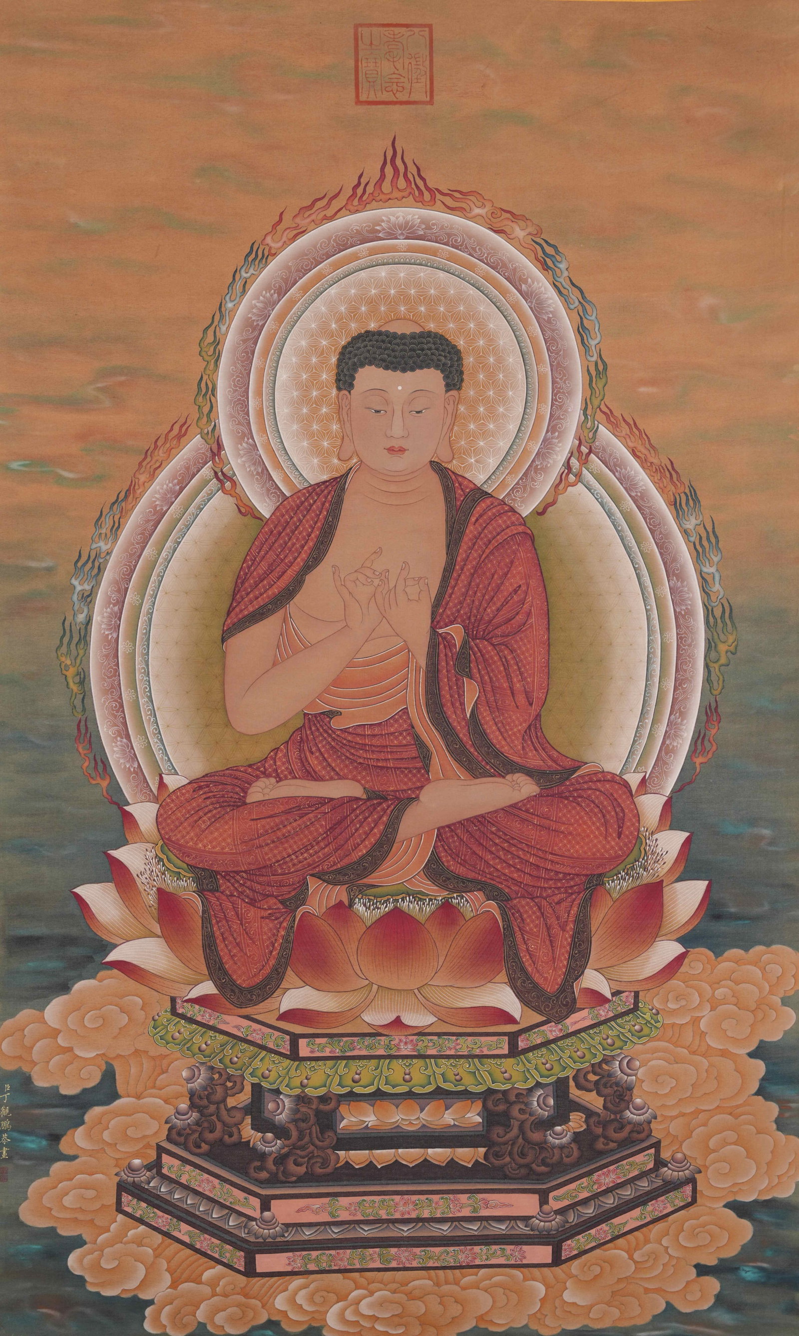 A TATHAGATA BUDDHA PAINTING ON SILK BY DING GUANPENG.丁觀鵬: Tathagata Buddha Painting on Silk by Ding Guanpeng.丁觀鵬