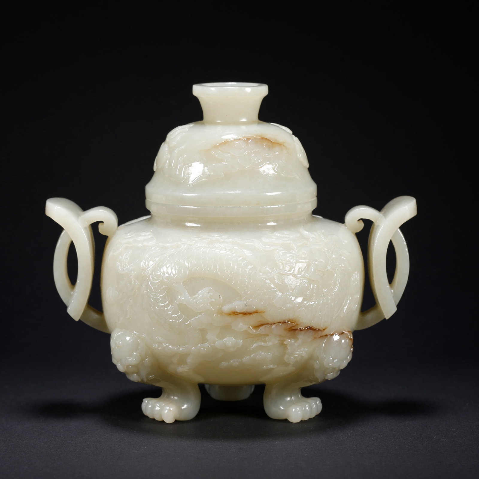 A HETIAN JADE COVERED CENSER WITH CLOUD AND DRAGON MOTIF: Hetian Jade Covered Censer with Cloud and Dragon Motif