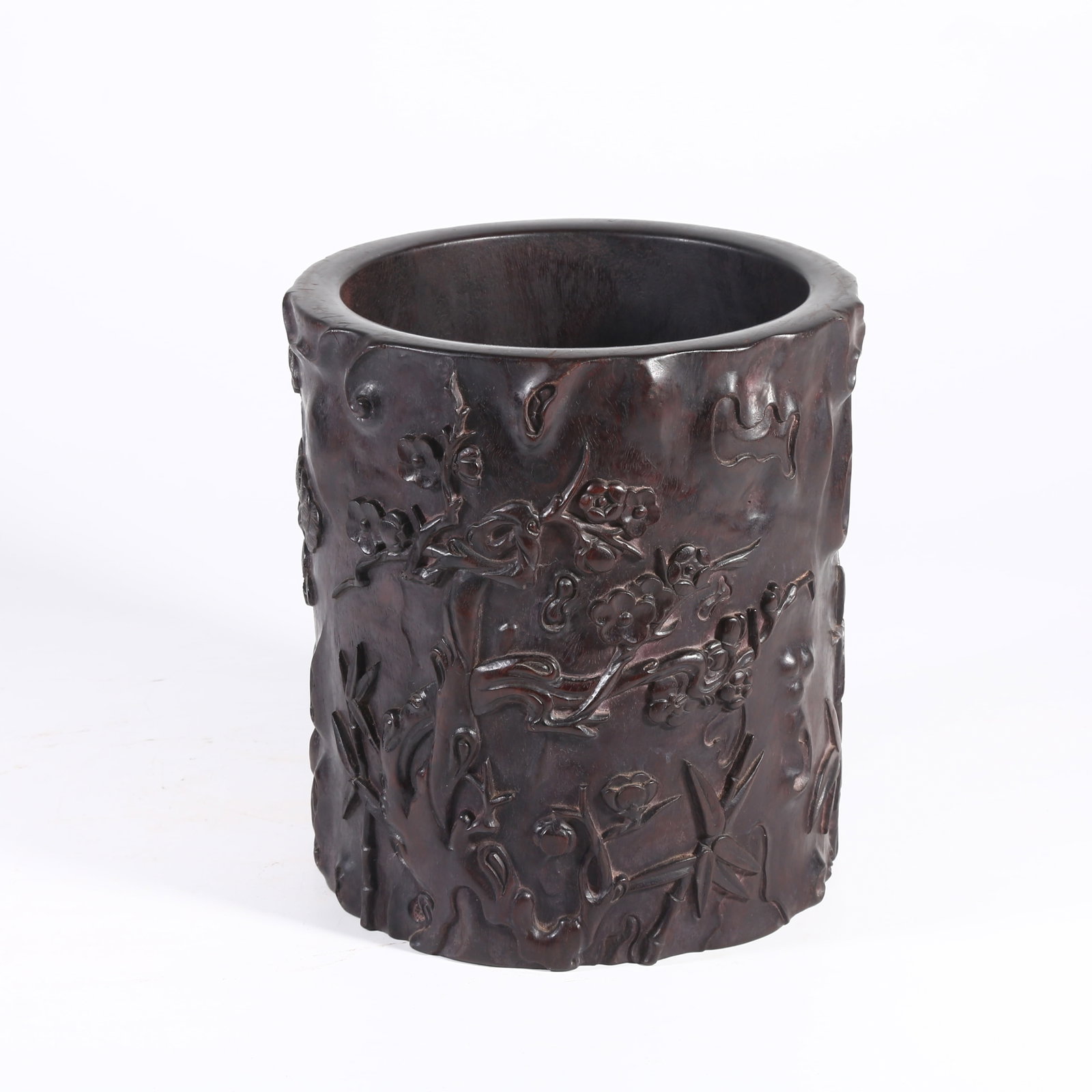 A ZITAN BRUSH POT WITH "THREE FRIENDS OF WINTER" MOTIF (1 of 8)