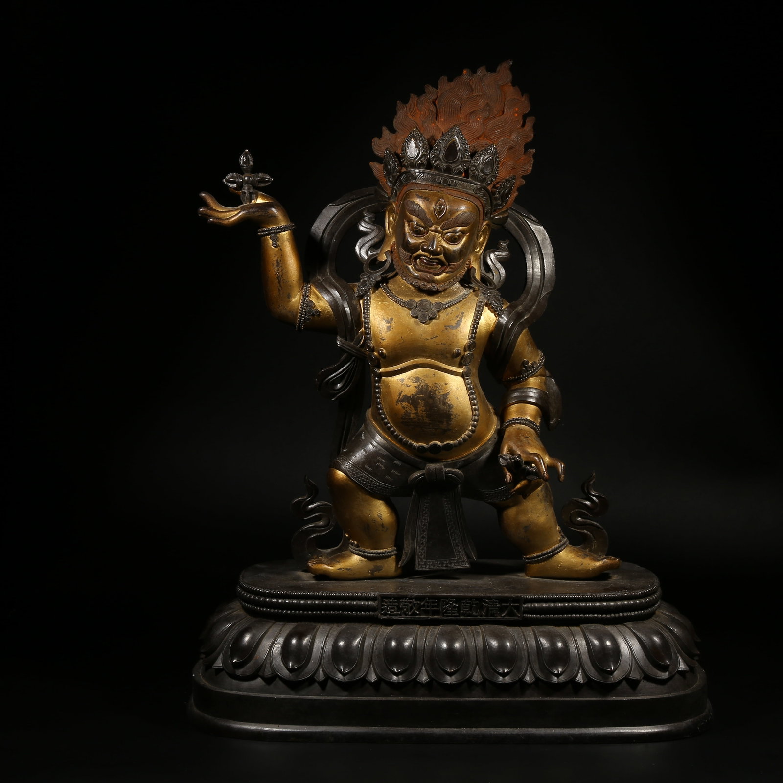 A GILT-BRONZE STATUE OF VAJRAPANI IN SIX-TIERED PAGODA STYLE: Gilt-Bronze Statue of Vajrapani in Six-Tiered Pagoda Style