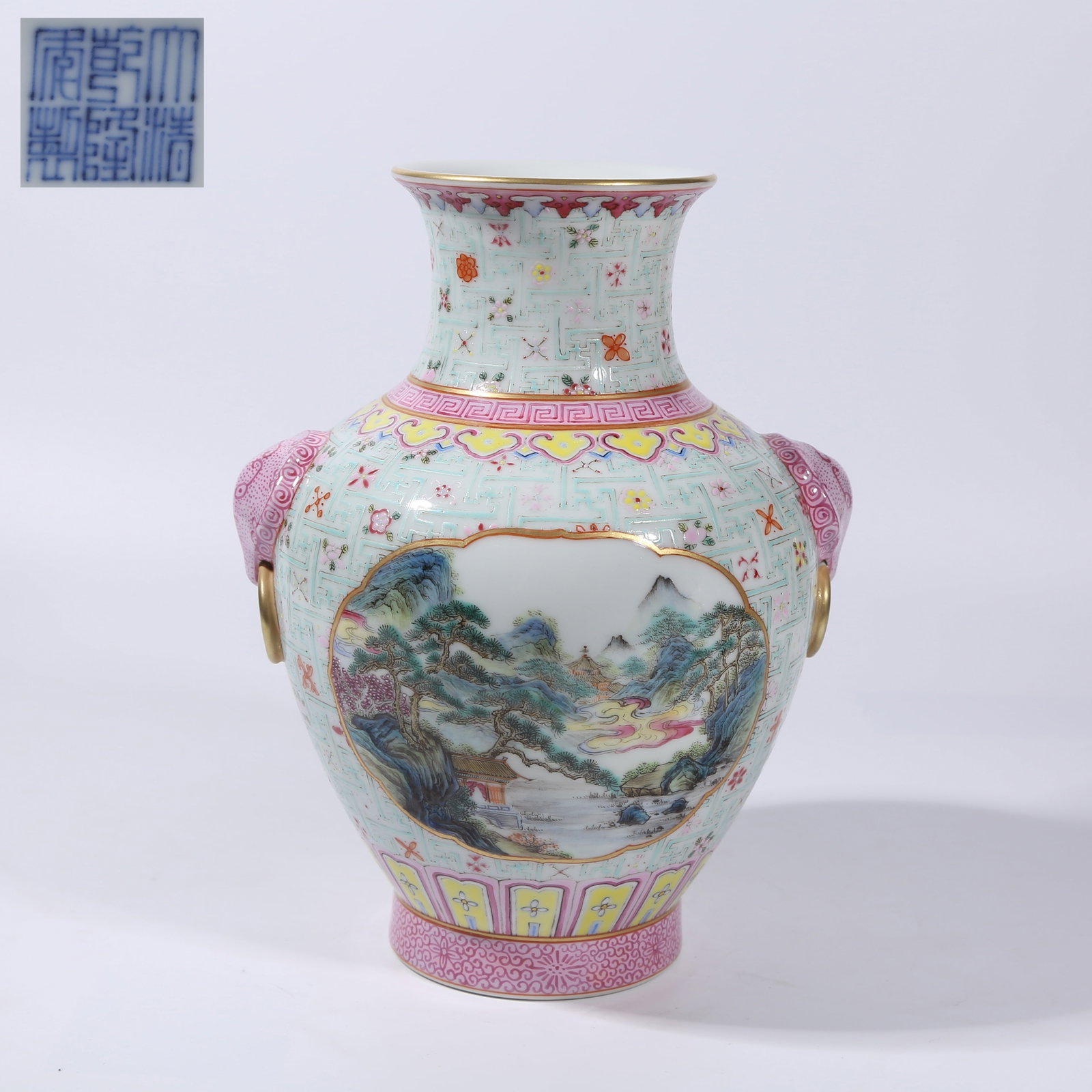 A BROCADE-GROUND OPENWORK FAMILLE ROSE LANDSCAPE PATTERN FUSHOU ZUN: Brocade-ground openwork famille rose landscape pattern fushou zun