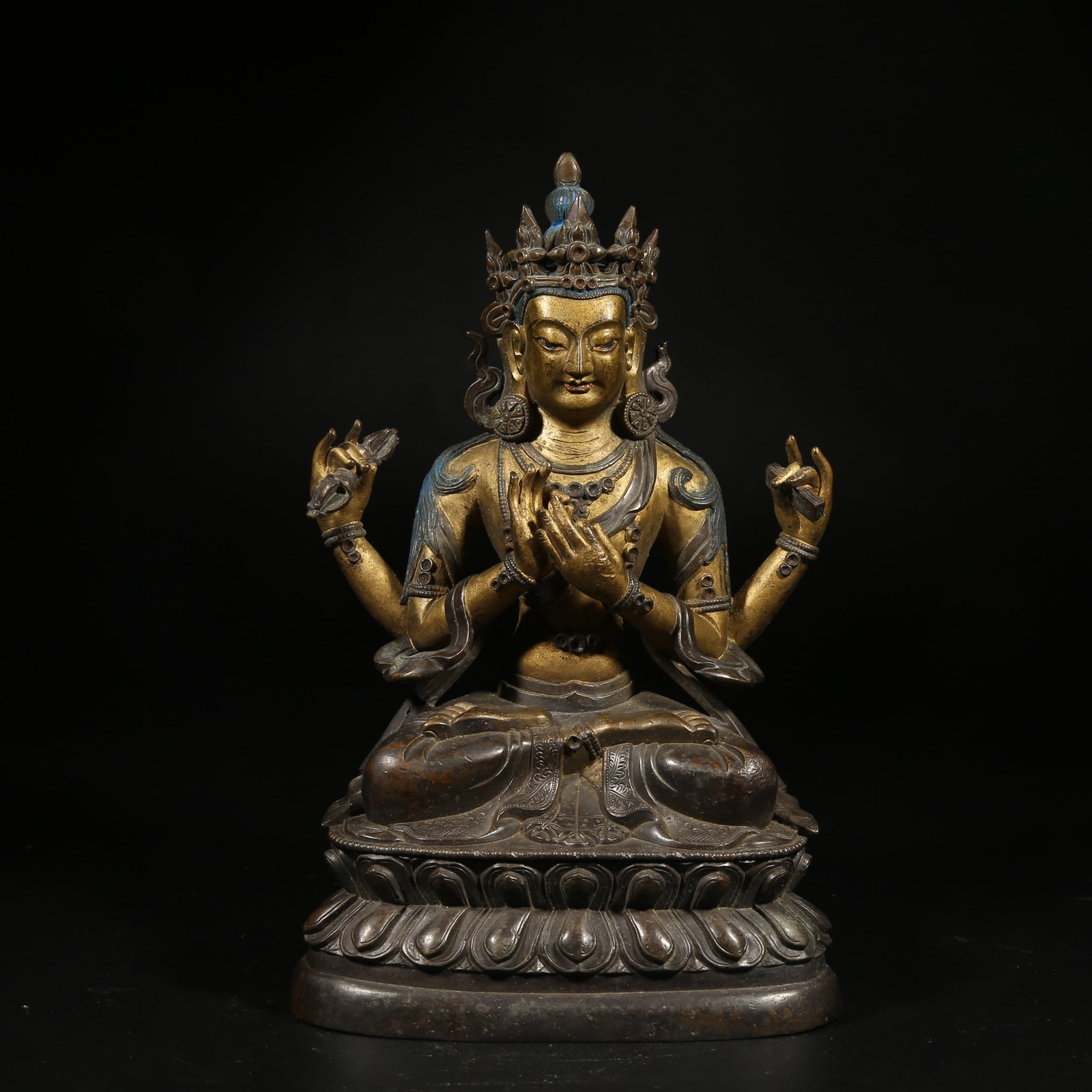 A BRONZE MUD-GILDED STATUE OF FOUR-ARMED AVALOKITESHVARA (1 of 8)
